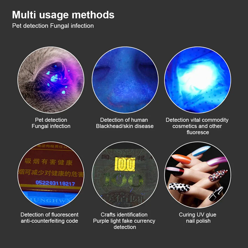Skin Ultraviolet Light Cat Moss Tinea Light Pet Fungus Detection Wood's Lamp UV Flashlight 365 UV Black Mirror Waterproof