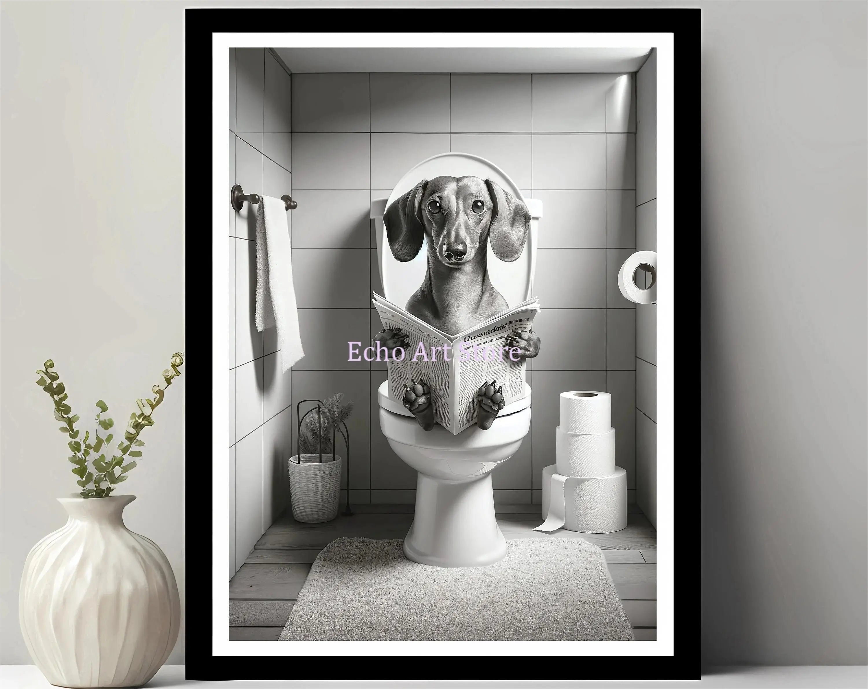 Funny Pet Dog in Toilet Reading Animal Black White Poster and Prints Canvas Printing Wall Art Picture for Bathroom Petshop Decor