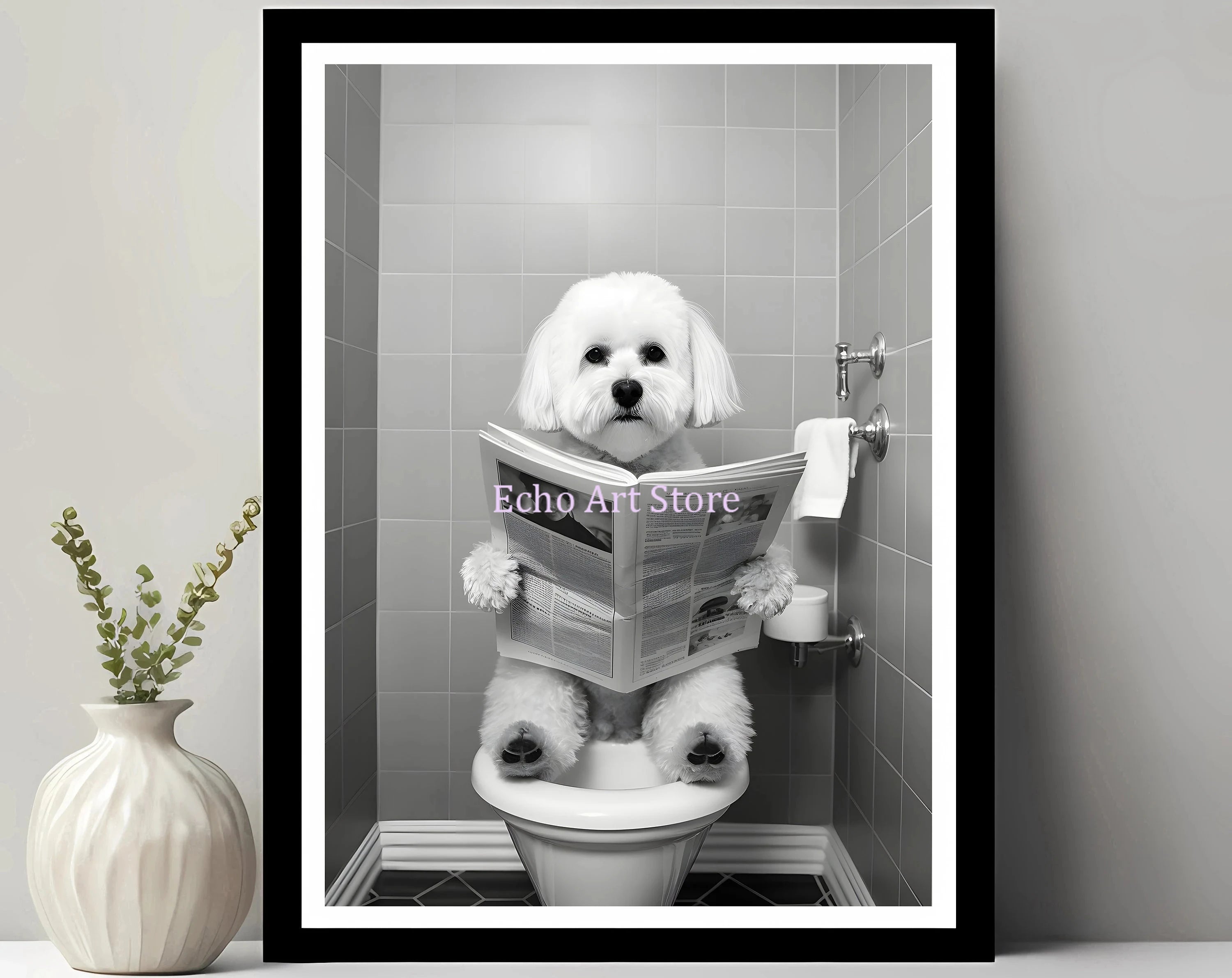 Funny Pet Dog in Toilet Reading Animal Black White Poster and Prints Canvas Printing Wall Art Picture for Bathroom Petshop Decor