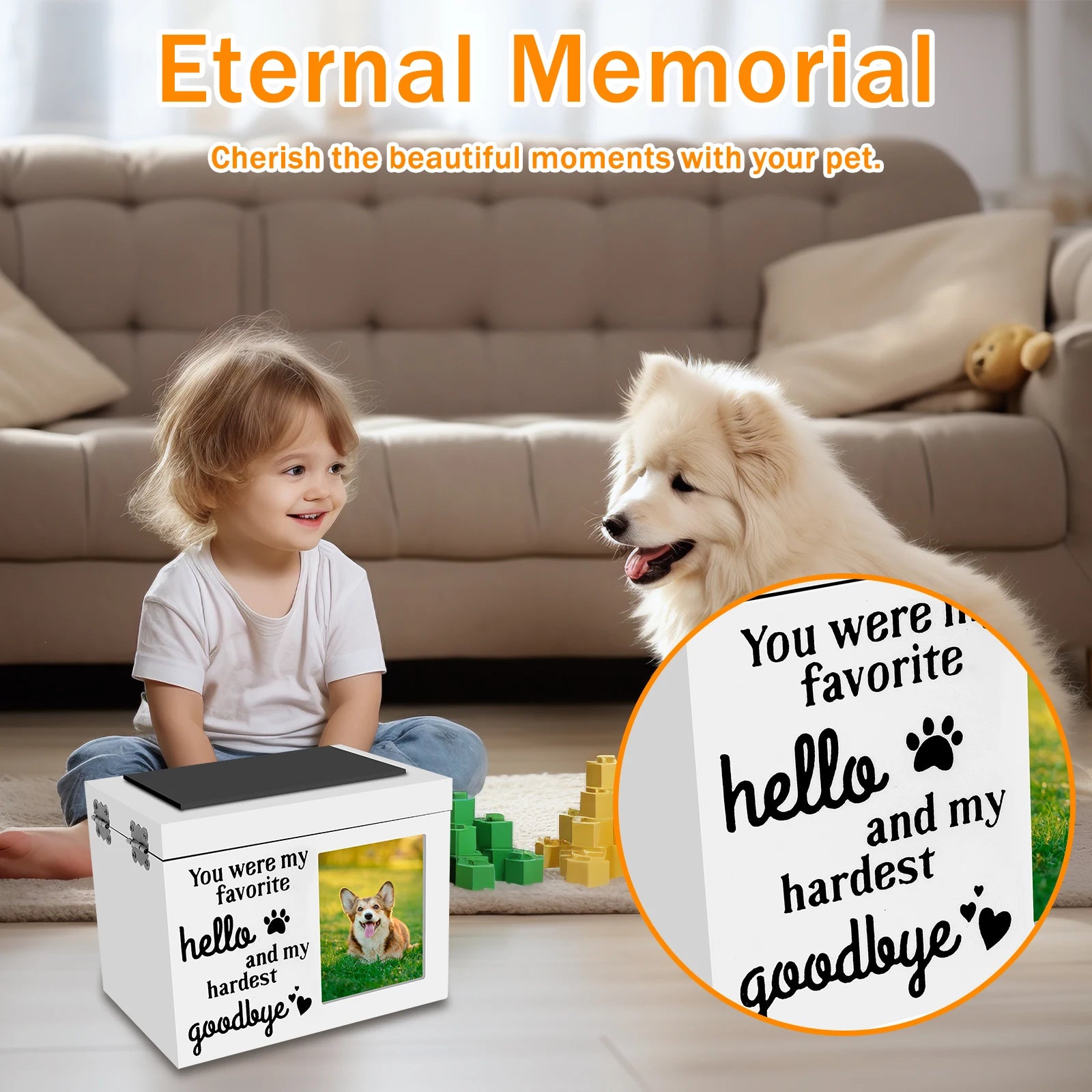 Wood Pet Memorial Urn DogCremation Urn with Photo Frame Key and Lock Personalized Pet Keepsake Memory Box for Dog or Cat Ashes