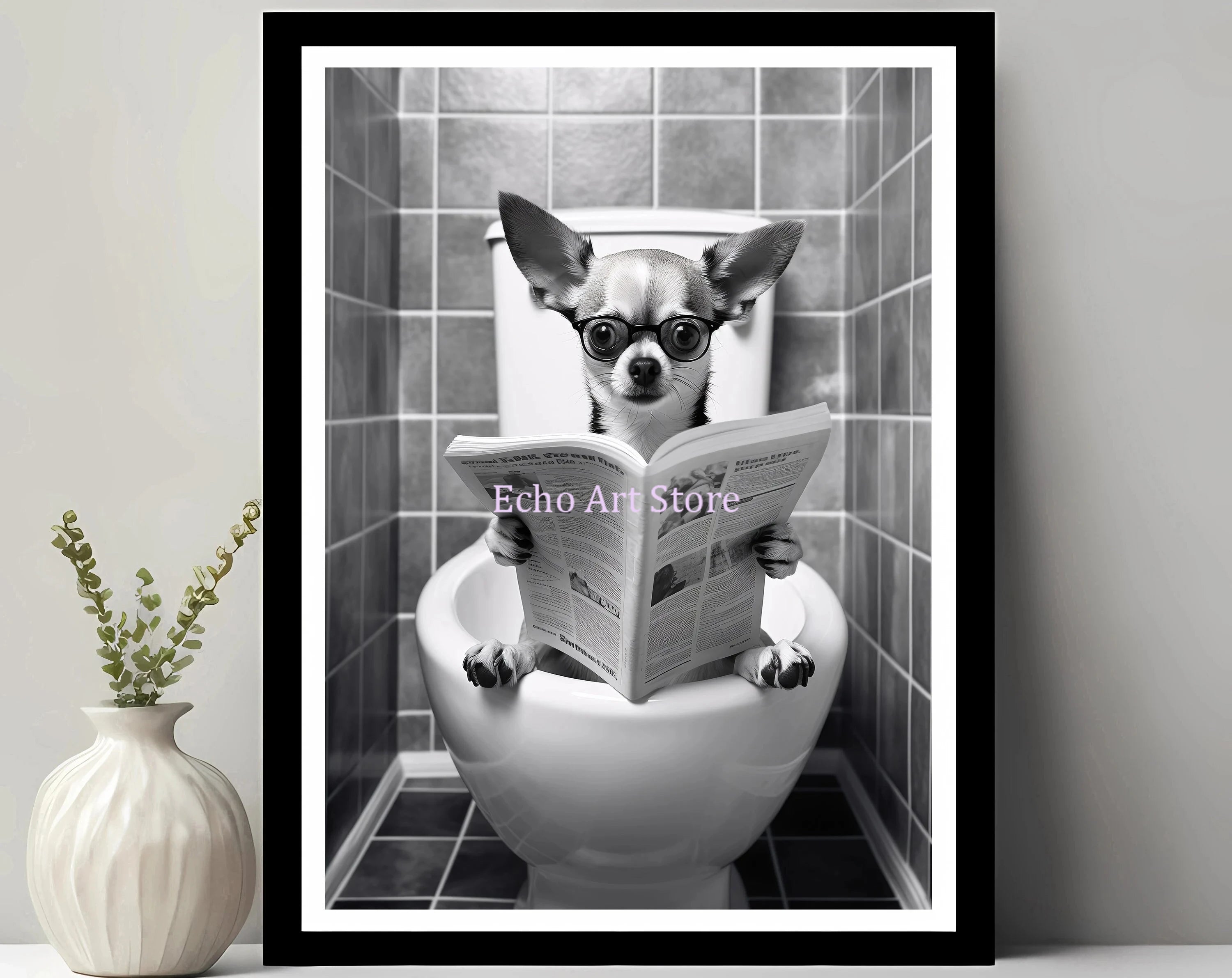 Funny Pet Dog in Toilet Reading Animal Black White Poster and Prints Canvas Printing Wall Art Picture for Bathroom Petshop Decor