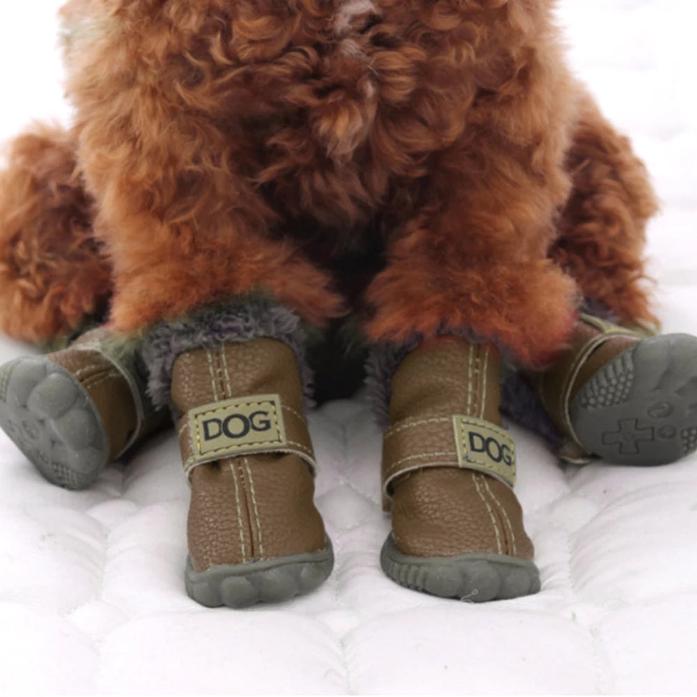 Classic Plush Linning  Small to Large Dog Shoes with Hook Loop Closure Bulldog Booties Plush Outdoor Non-Slip Pet Puppy Winter S