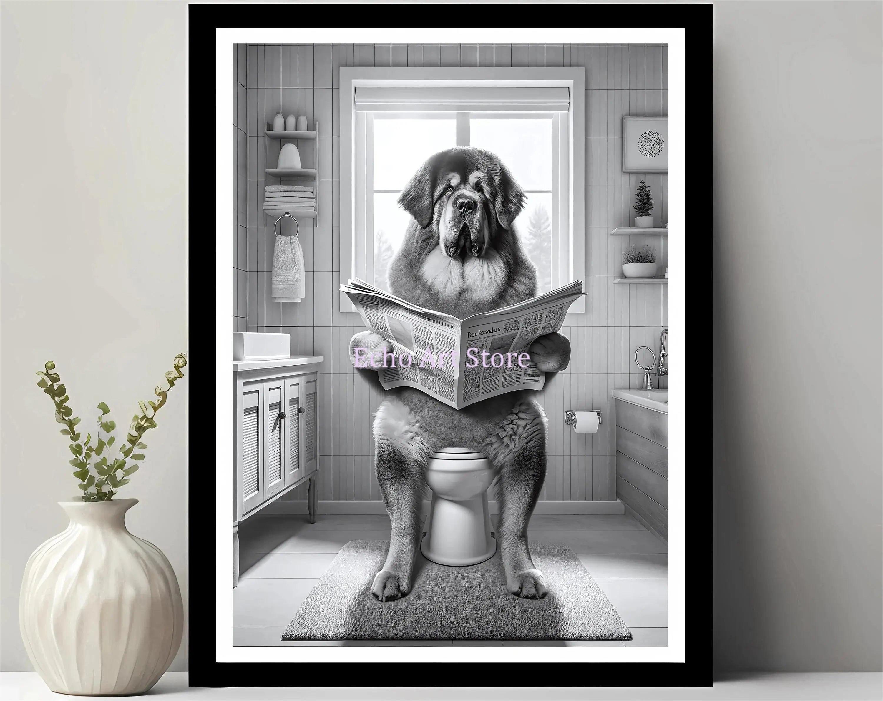 Funny Pet Dog in Toilet Reading Animal Black White Poster and Prints Canvas Printing Wall Art Picture for Bathroom Petshop Decor