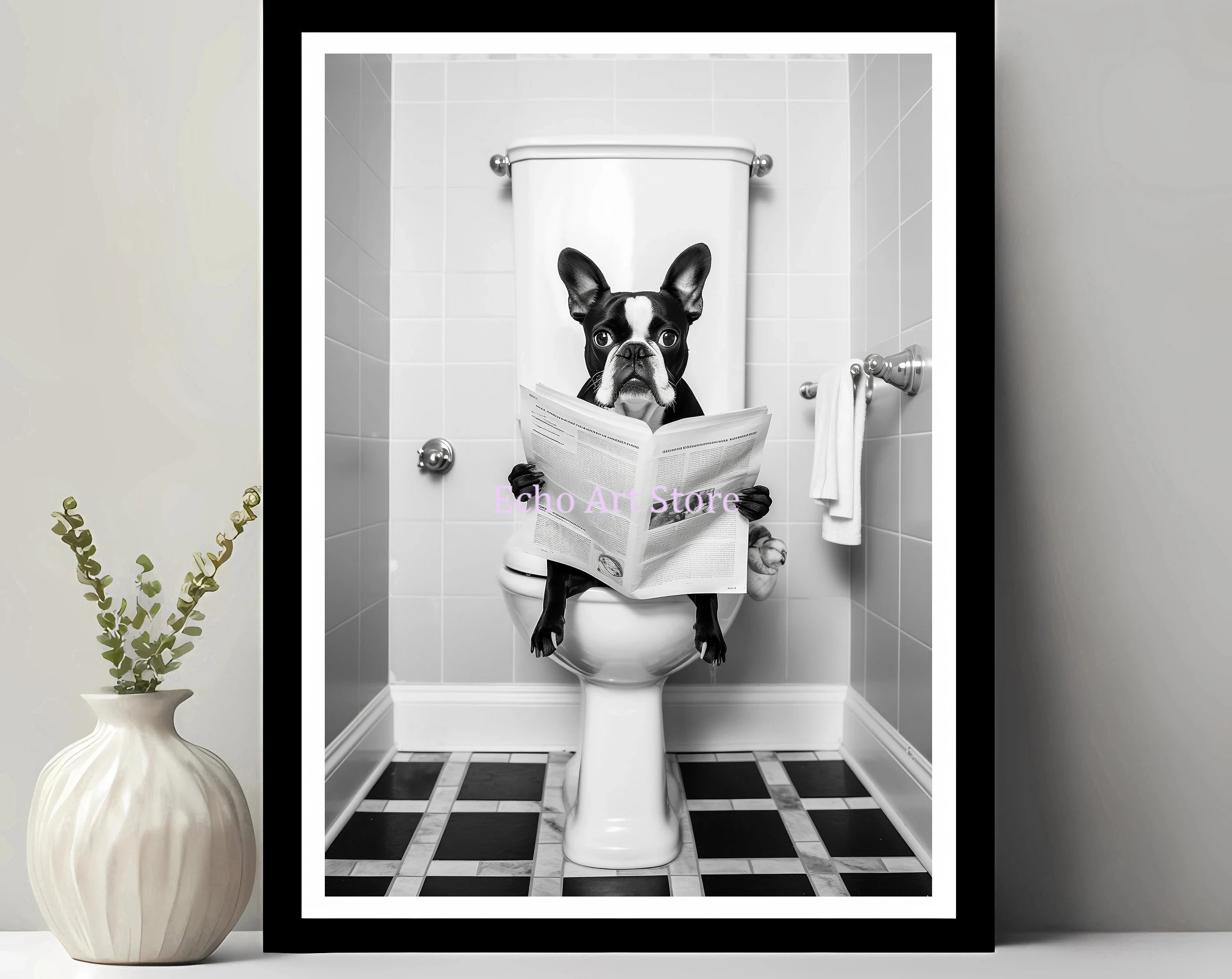 Funny Pet Dog in Toilet Reading Animal Black White Poster and Prints Canvas Printing Wall Art Picture for Bathroom Petshop Decor
