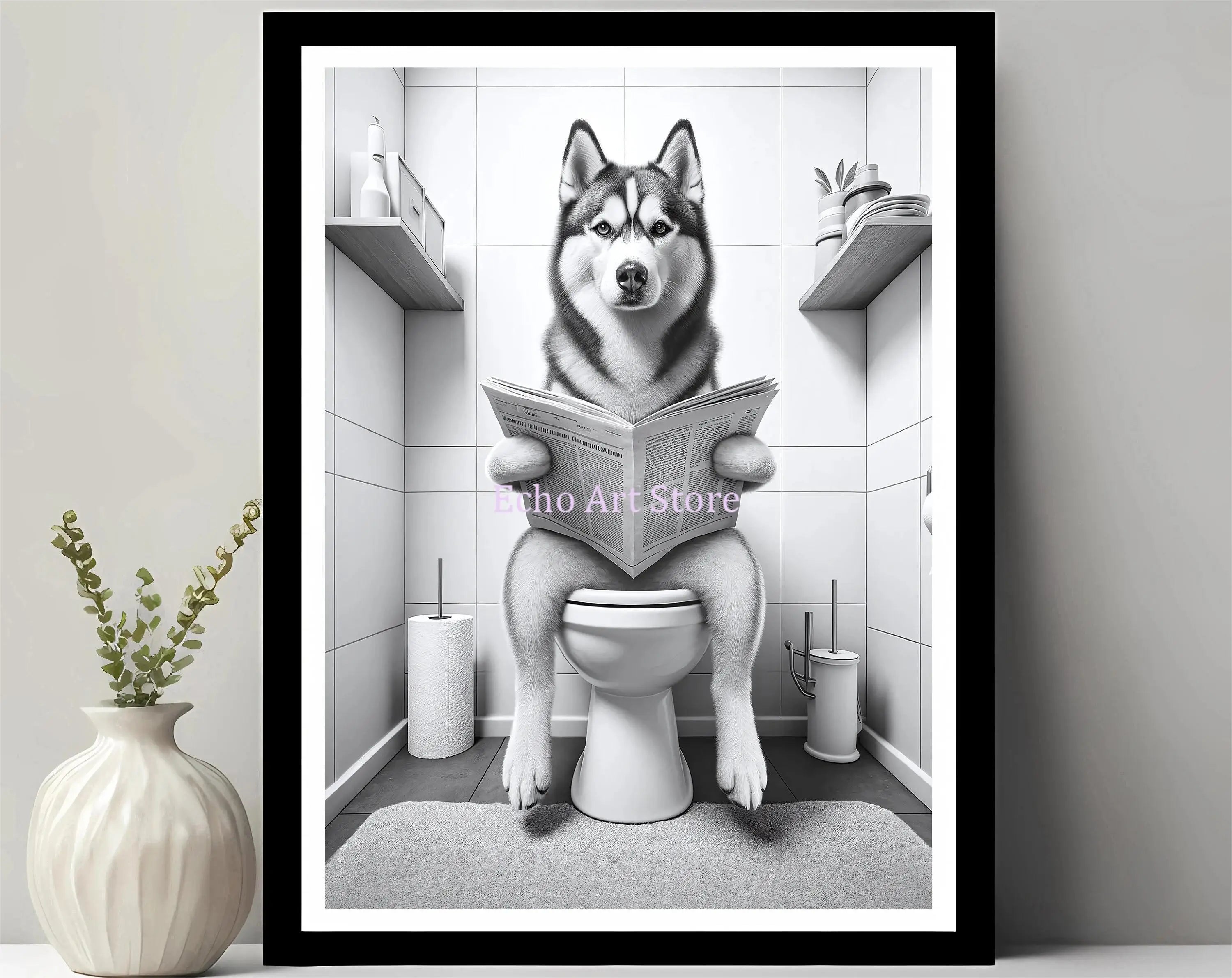 Funny Pet Dog in Toilet Reading Animal Black White Poster and Prints Canvas Printing Wall Art Picture for Bathroom Petshop Decor