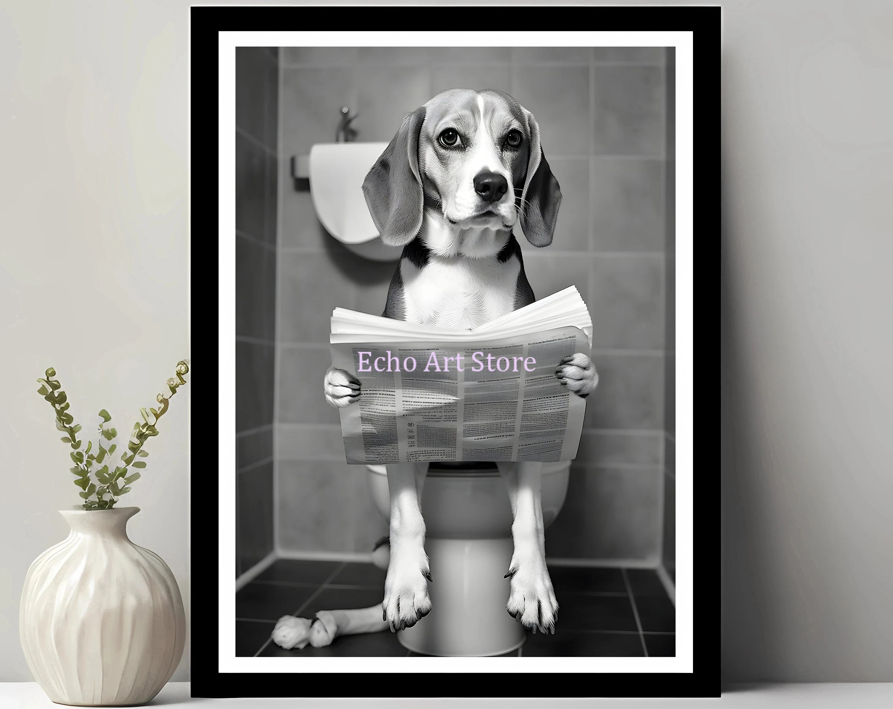 Funny Pet Dog in Toilet Reading Animal Black White Poster and Prints Canvas Printing Wall Art Picture for Bathroom Petshop Decor