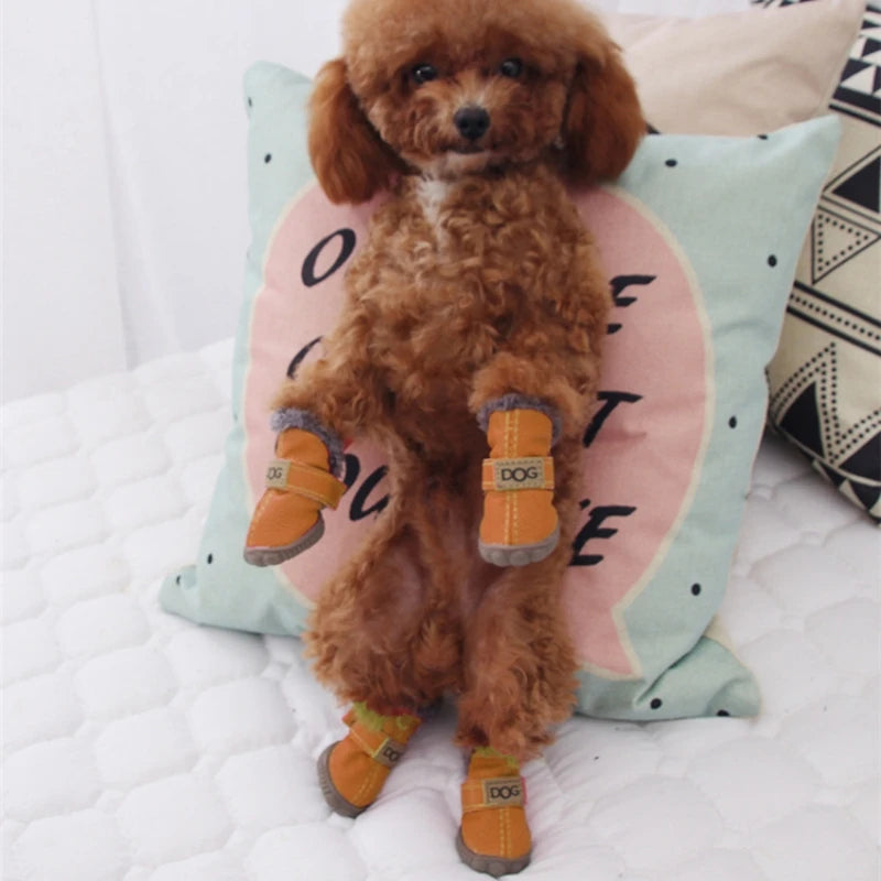Classic Plush Linning  Small to Large Dog Shoes with Hook Loop Closure Bulldog Booties Plush Outdoor Non-Slip Pet Puppy Winter S