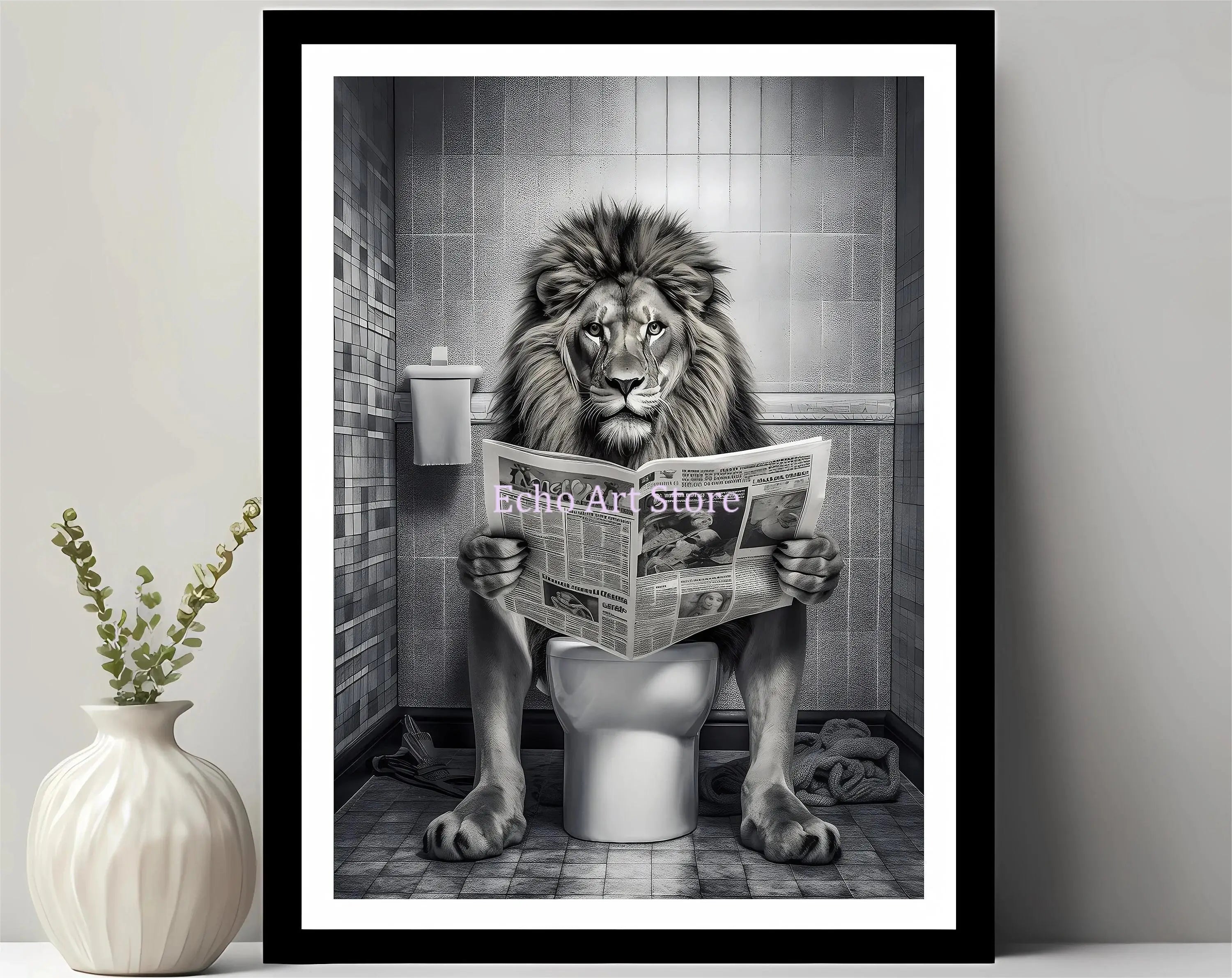 Funny Pet Dog in Toilet Reading Animal Black White Poster and Prints Canvas Printing Wall Art Picture for Bathroom Petshop Decor