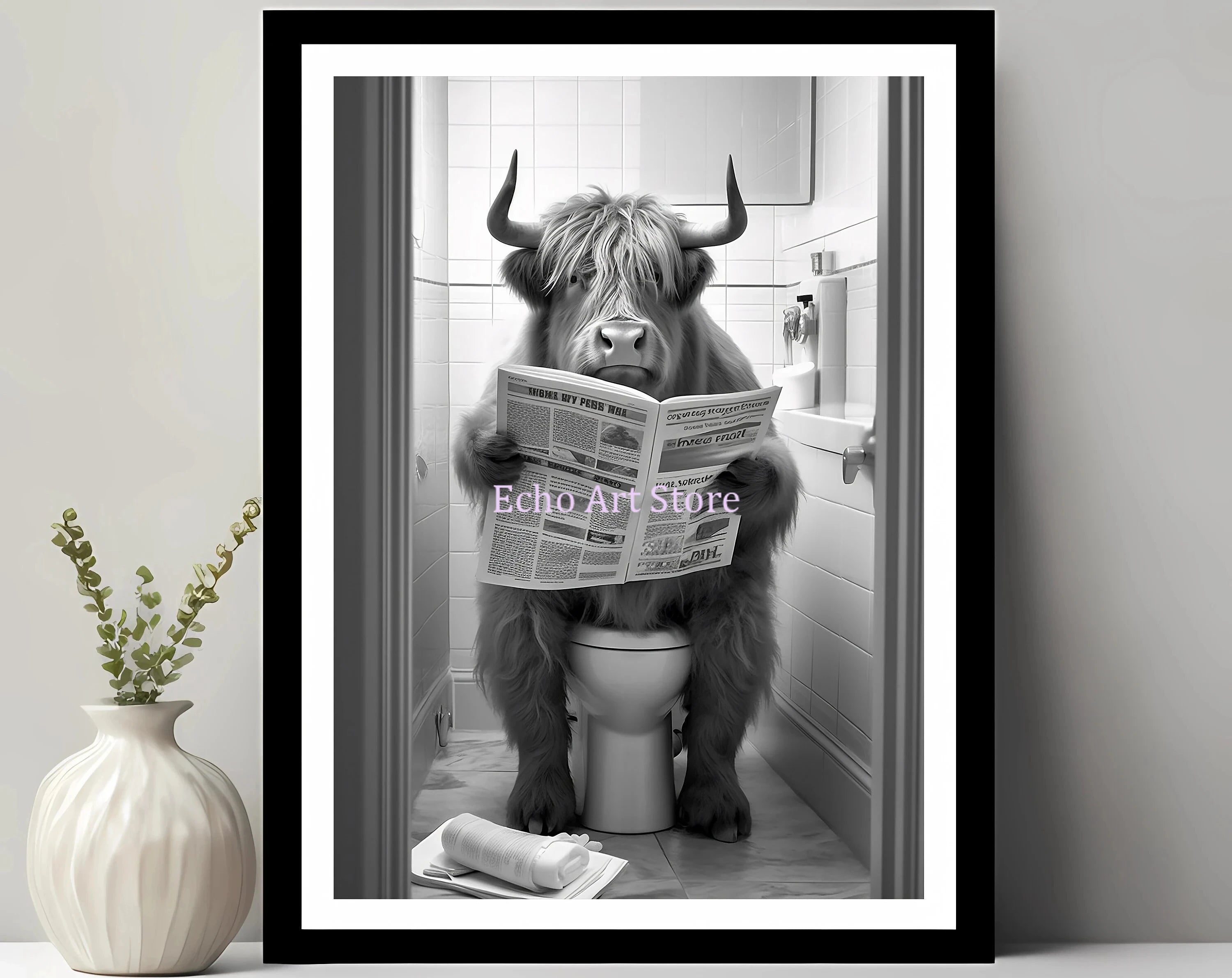 Funny Pet Dog in Toilet Reading Animal Black White Poster and Prints Canvas Printing Wall Art Picture for Bathroom Petshop Decor