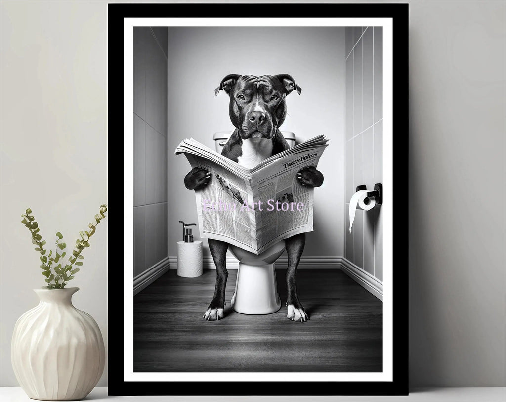 Funny Pet Dog in Toilet Reading Animal Black White Poster and Prints Canvas Printing Wall Art Picture for Bathroom Petshop Decor