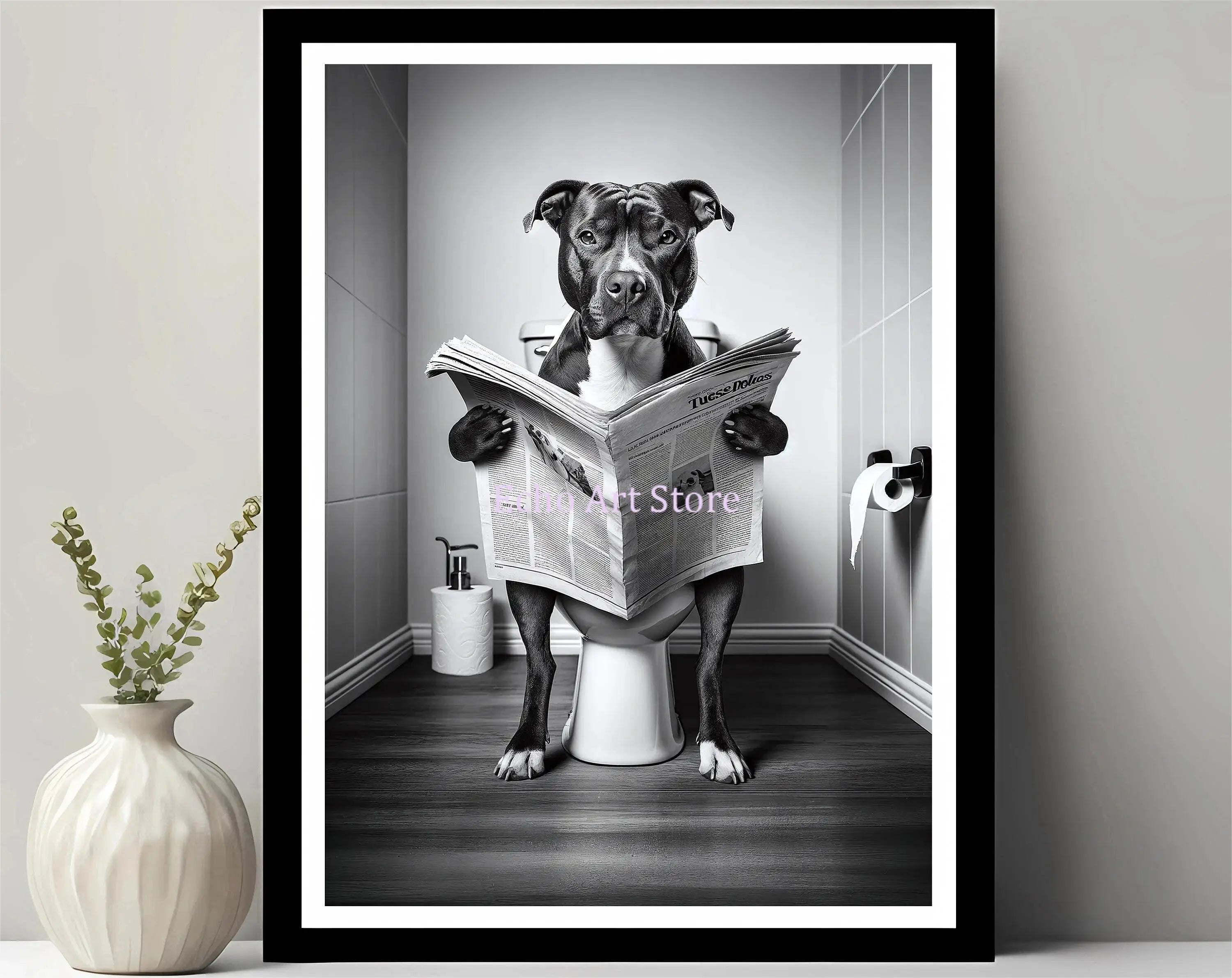Funny Pet Dog in Toilet Reading Animal Black White Poster and Prints Canvas Printing Wall Art Picture for Bathroom Petshop Decor