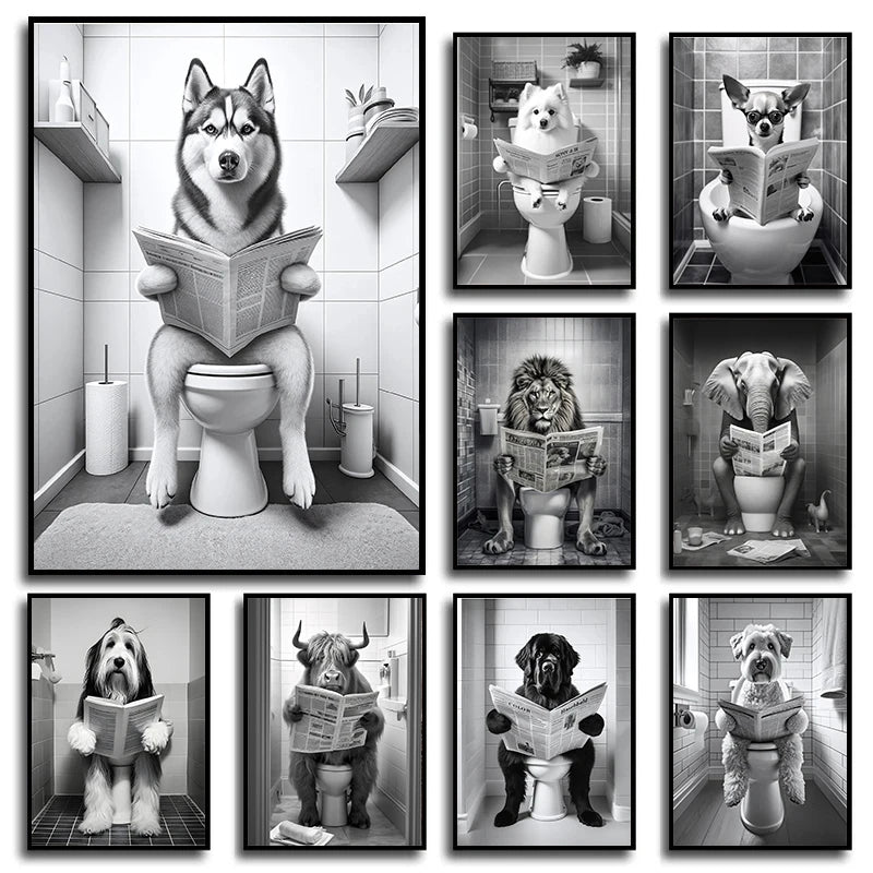 Funny Pet Dog in Toilet Reading Animal Black White Poster and Prints Canvas Printing Wall Art Picture for Bathroom Petshop Decor