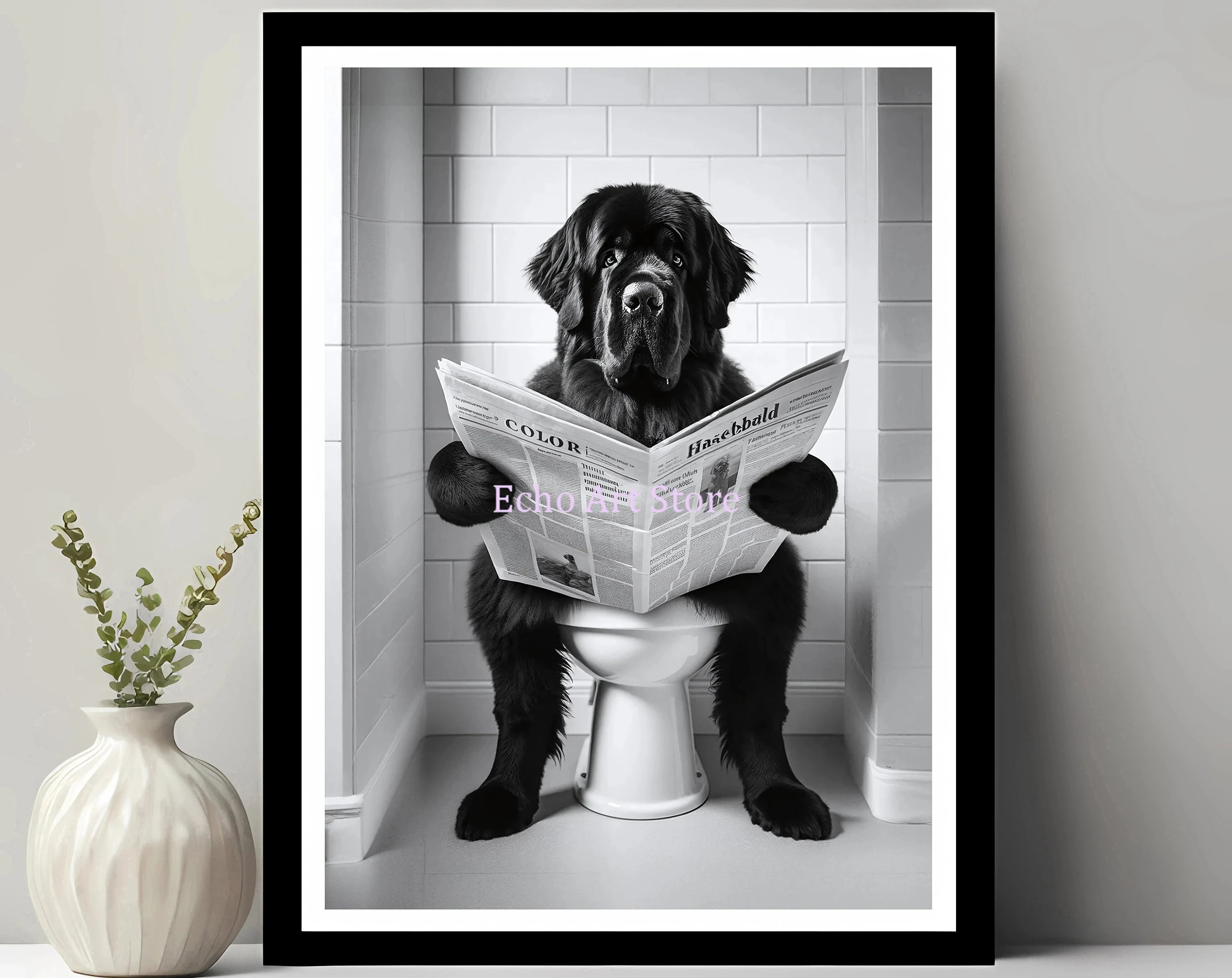 Funny Pet Dog in Toilet Reading Animal Black White Poster and Prints Canvas Printing Wall Art Picture for Bathroom Petshop Decor