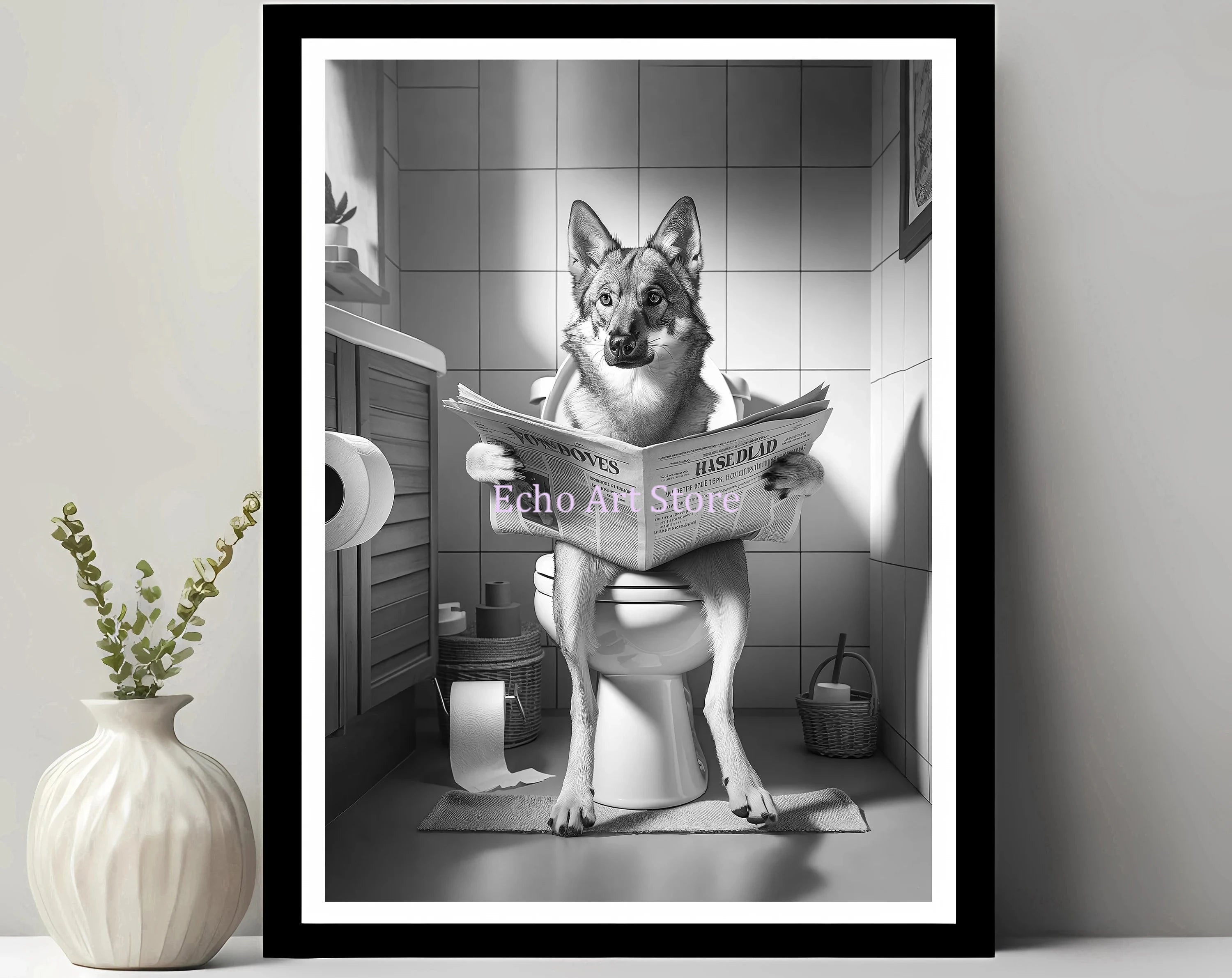 Funny Pet Dog in Toilet Reading Animal Black White Poster and Prints Canvas Printing Wall Art Picture for Bathroom Petshop Decor