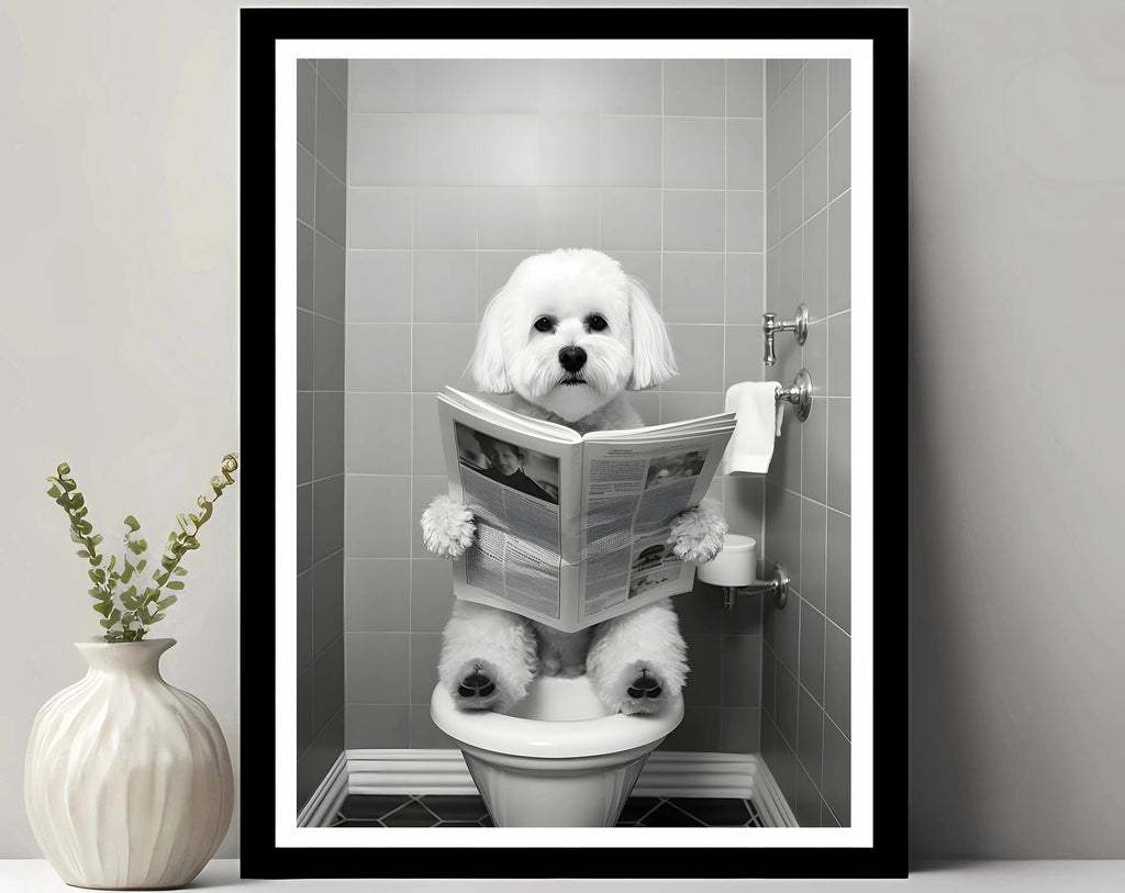 Funny Pet Dog in Toilet Reading Animal Black White Poster and Prints Canvas Printing Wall Art Picture for Bathroom Petshop Decor