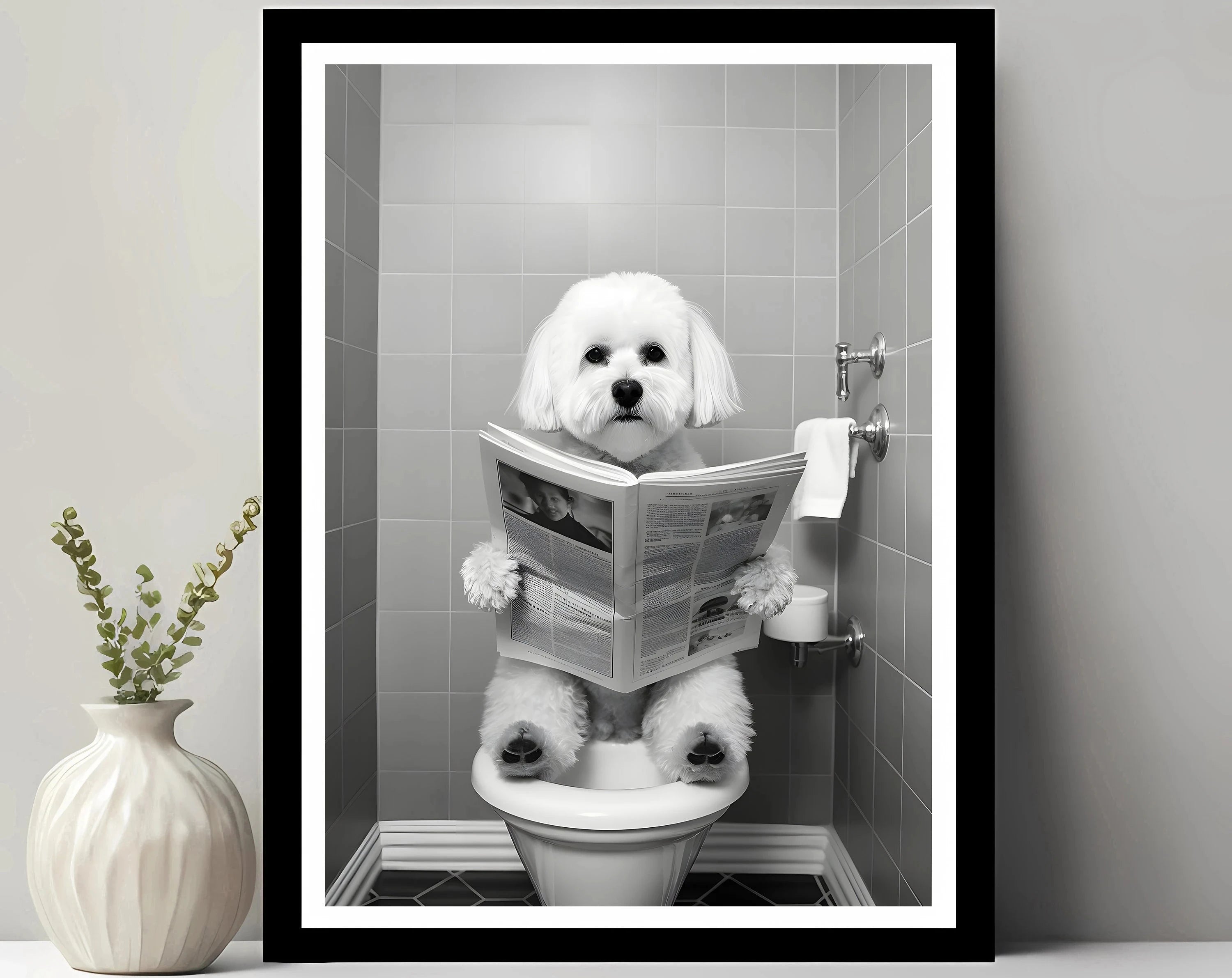 Funny Pet Dog in Toilet Reading Animal Black White Poster and Prints Canvas Printing Wall Art Picture for Bathroom Petshop Decor