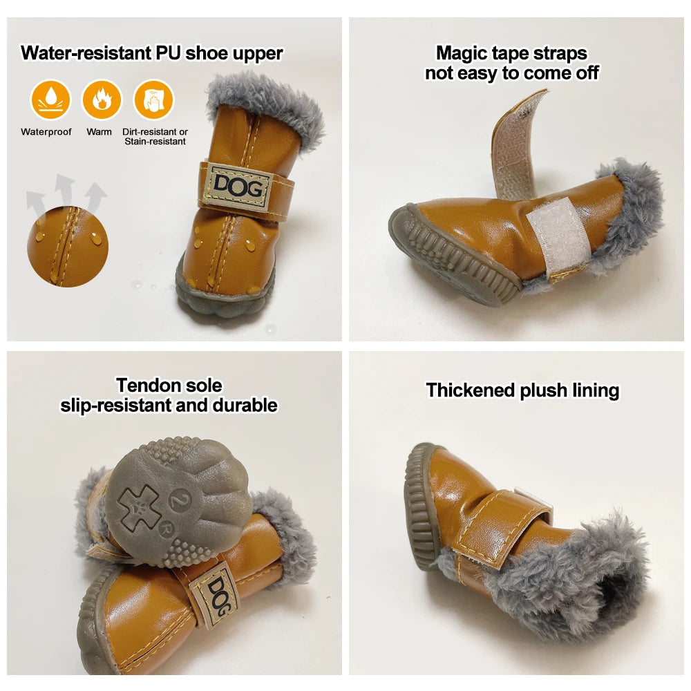 Classic Plush Linning  Small to Large Dog Shoes with Hook Loop Closure Bulldog Booties Plush Outdoor Non-Slip Pet Puppy Winter S