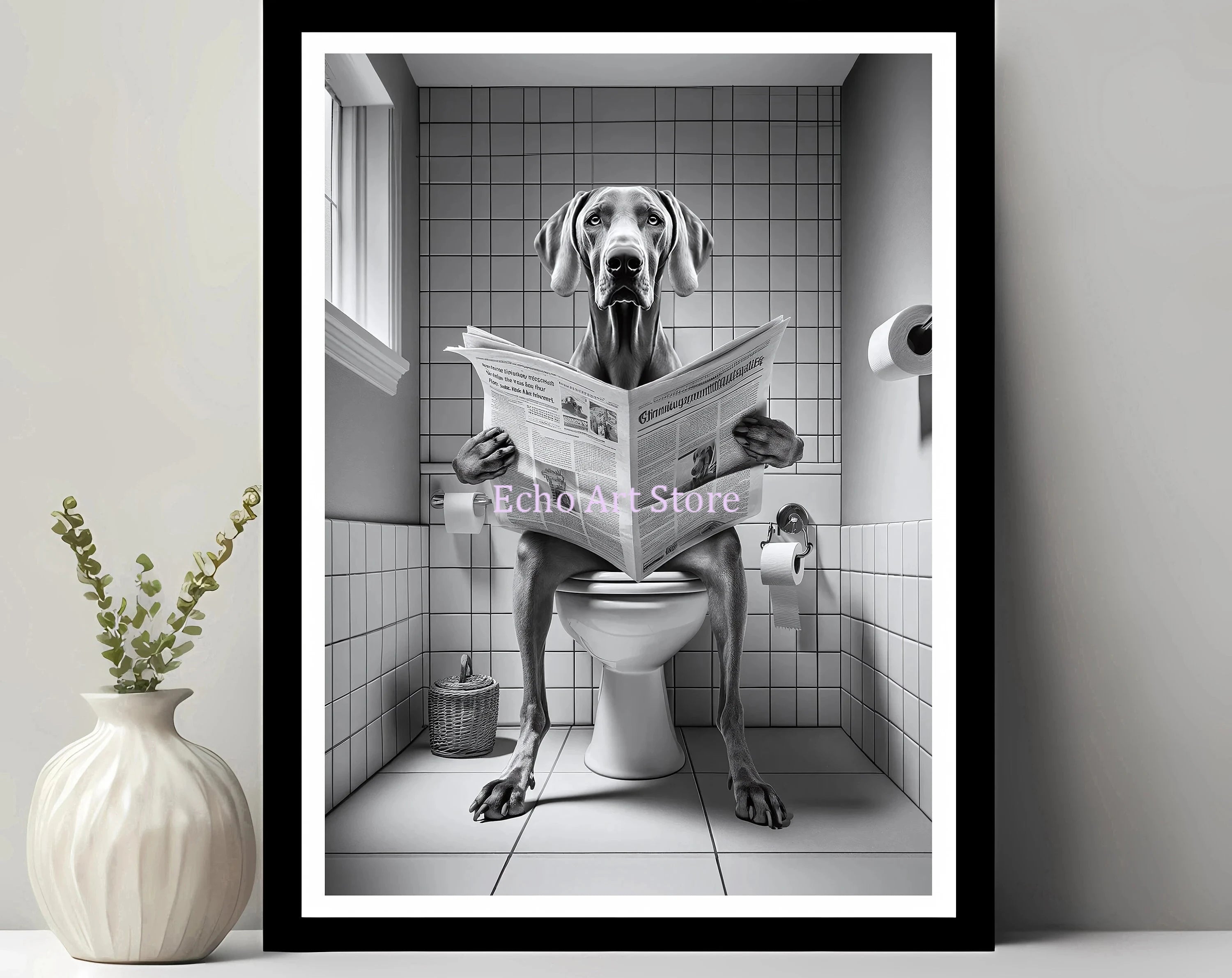 Funny Pet Dog in Toilet Reading Animal Black White Poster and Prints Canvas Printing Wall Art Picture for Bathroom Petshop Decor