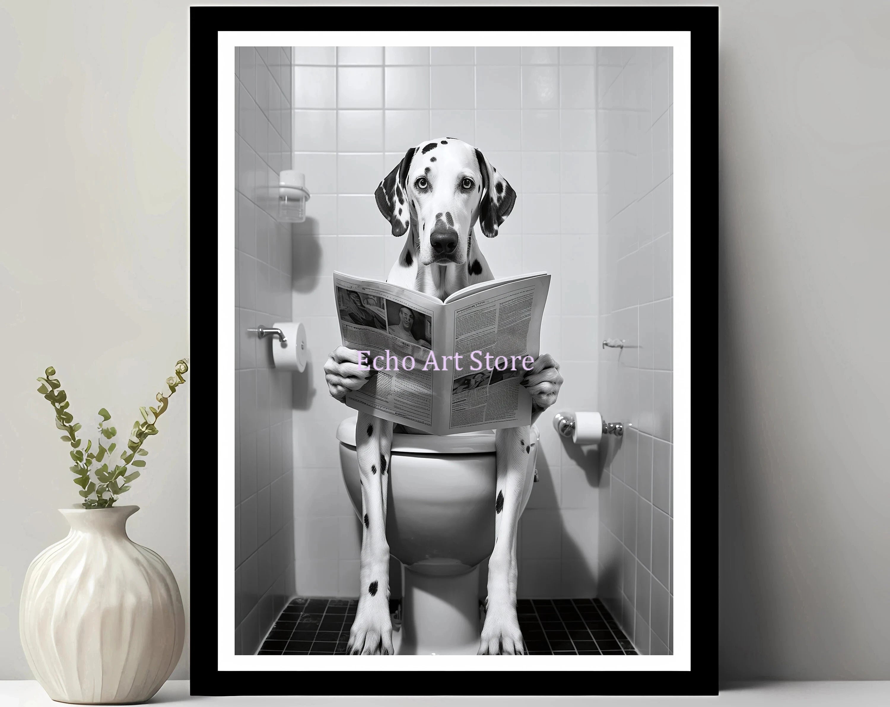 Funny Pet Dog in Toilet Reading Animal Black White Poster and Prints Canvas Printing Wall Art Picture for Bathroom Petshop Decor