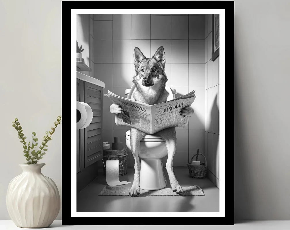 Funny Pet Dog in Toilet Reading Animal Black White Poster and Prints Canvas Printing Wall Art Picture for Bathroom Petshop Decor