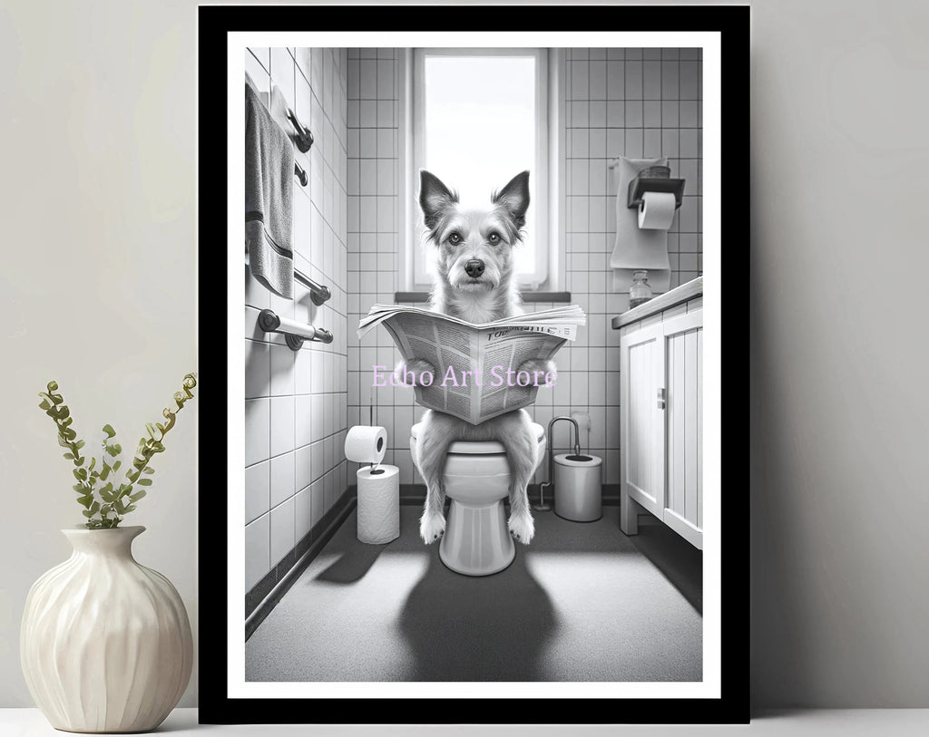 Funny Pet Dog in Toilet Reading Animal Black White Poster and Prints Canvas Printing Wall Art Picture for Bathroom Petshop Decor