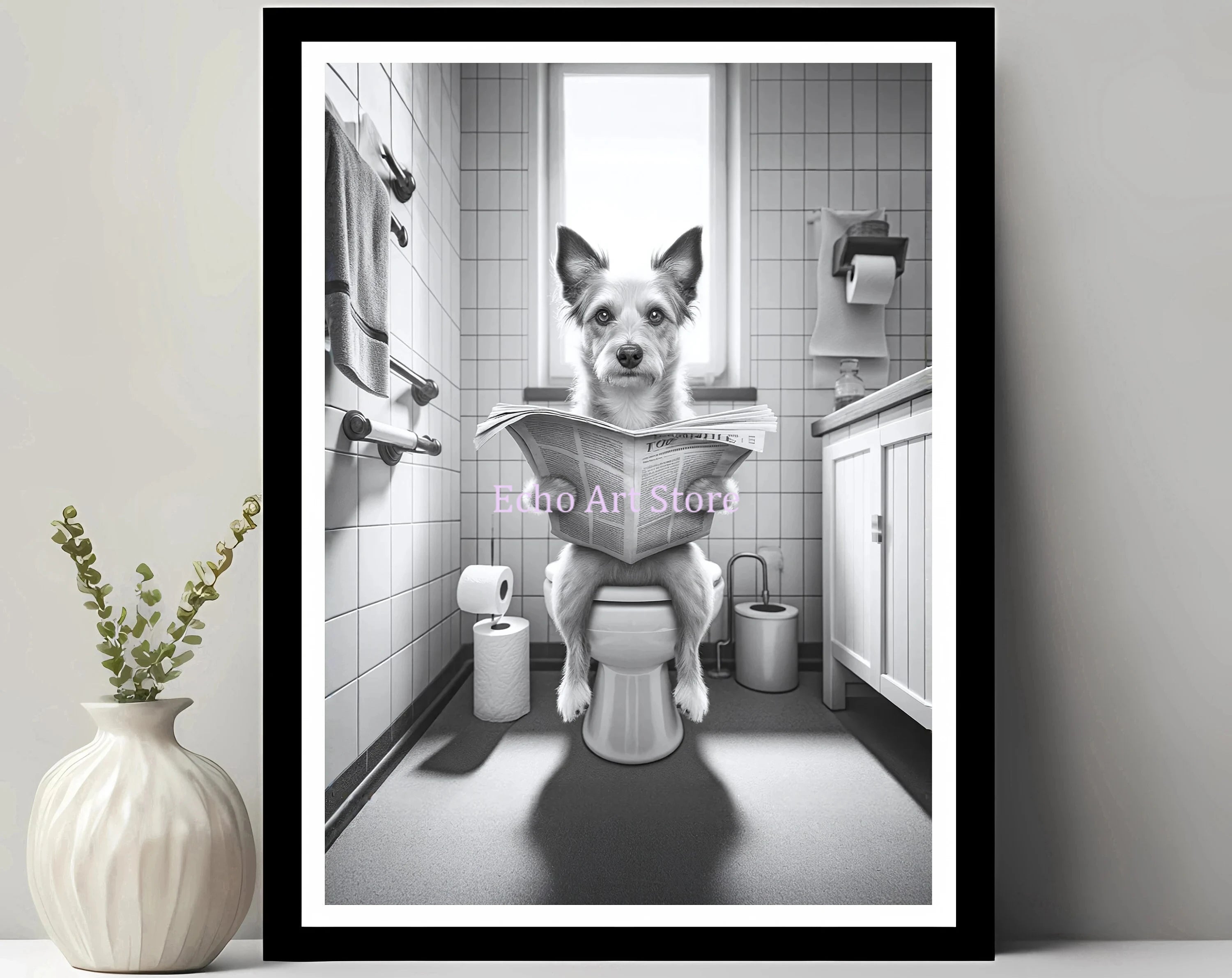 Funny Pet Dog in Toilet Reading Animal Black White Poster and Prints Canvas Printing Wall Art Picture for Bathroom Petshop Decor