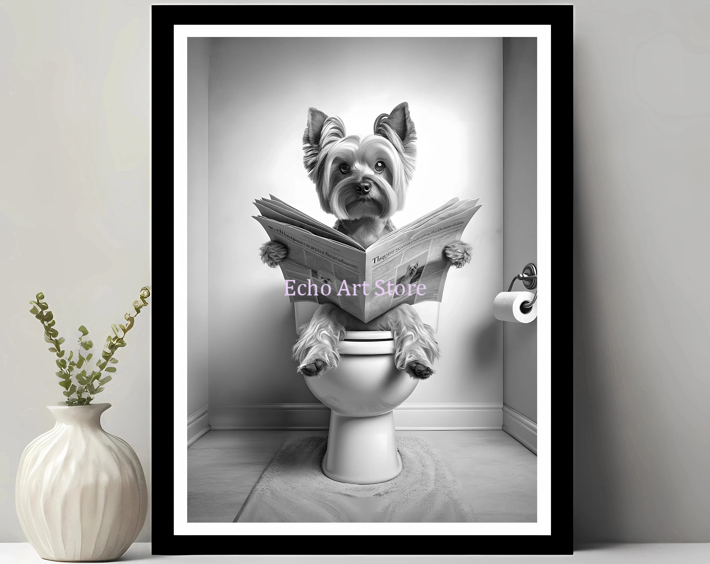 Funny Pet Dog in Toilet Reading Animal Black White Poster and Prints Canvas Printing Wall Art Picture for Bathroom Petshop Decor