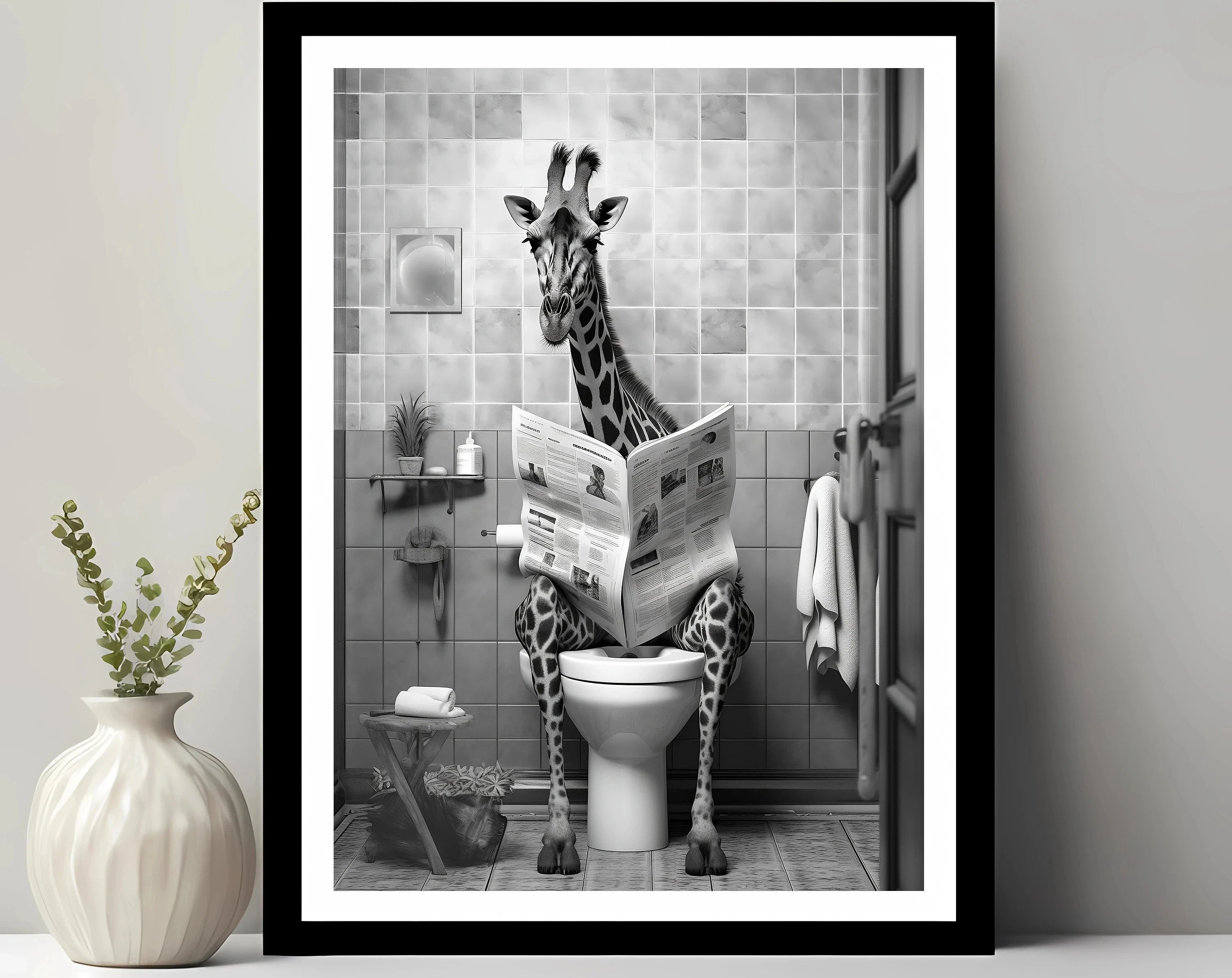 Funny Pet Dog in Toilet Reading Animal Black White Poster and Prints Canvas Printing Wall Art Picture for Bathroom Petshop Decor