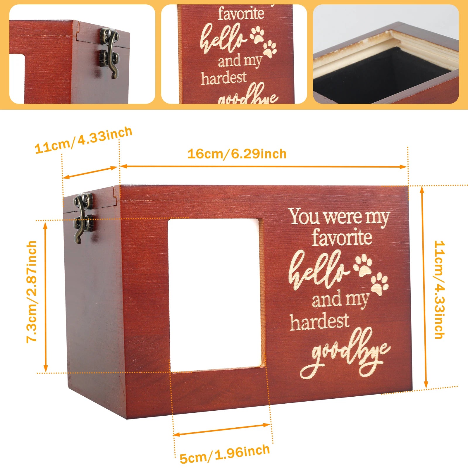 Wood Pet Memorial Urn DogCremation Urn with Photo Frame Key and Lock Personalized Pet Keepsake Memory Box for Dog or Cat Ashes