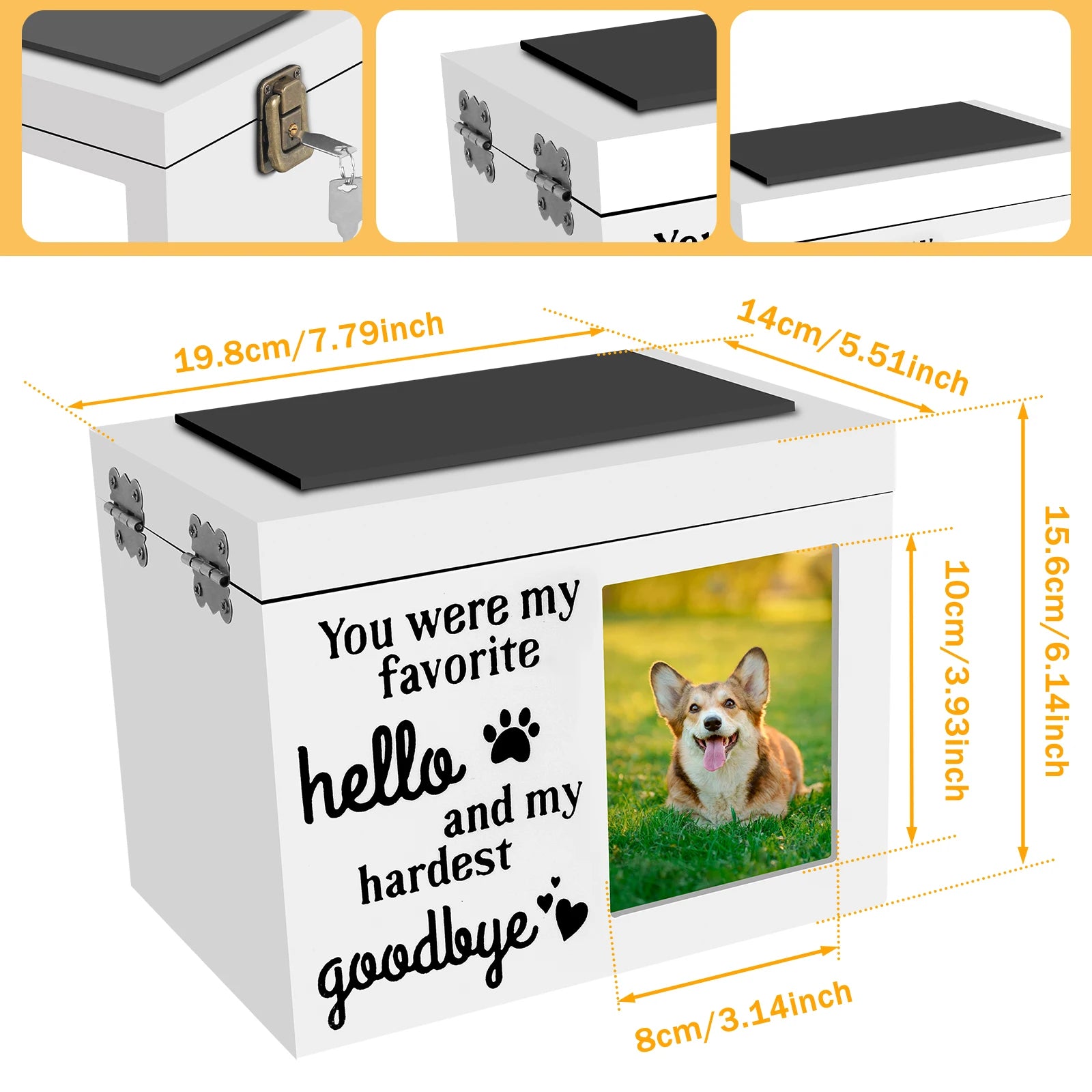 Wood Pet Memorial Urn DogCremation Urn with Photo Frame Key and Lock Personalized Pet Keepsake Memory Box for Dog or Cat Ashes