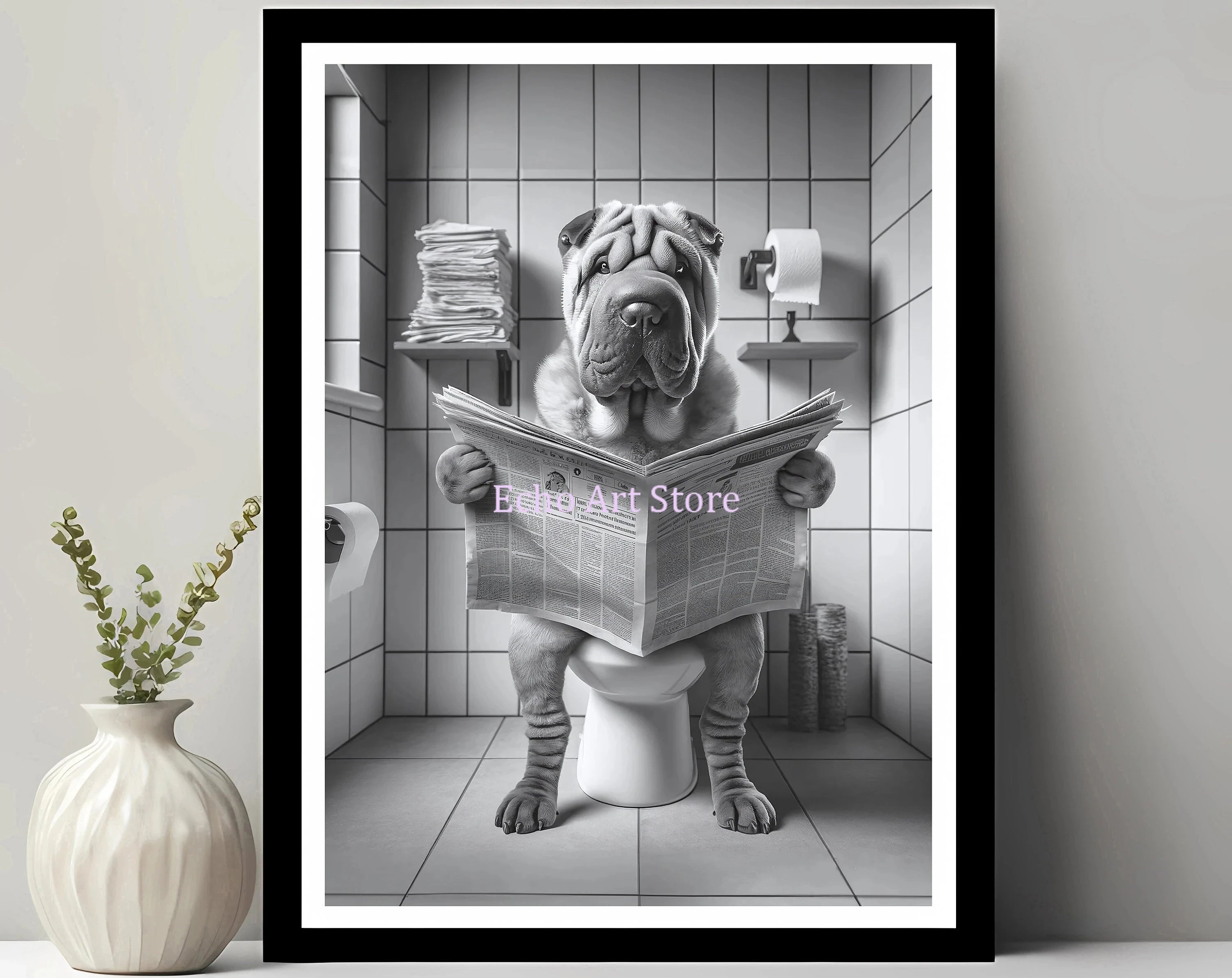 Funny Pet Dog in Toilet Reading Animal Black White Poster and Prints Canvas Printing Wall Art Picture for Bathroom Petshop Decor