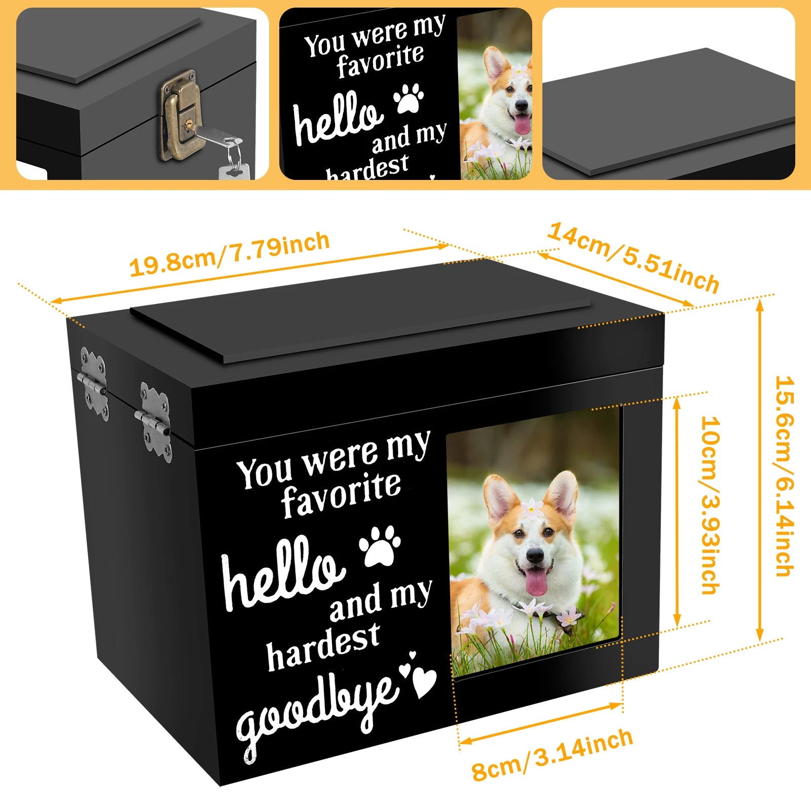 Wood Pet Memorial Urn DogCremation Urn with Photo Frame Key and Lock Personalized Pet Keepsake Memory Box for Dog or Cat Ashes