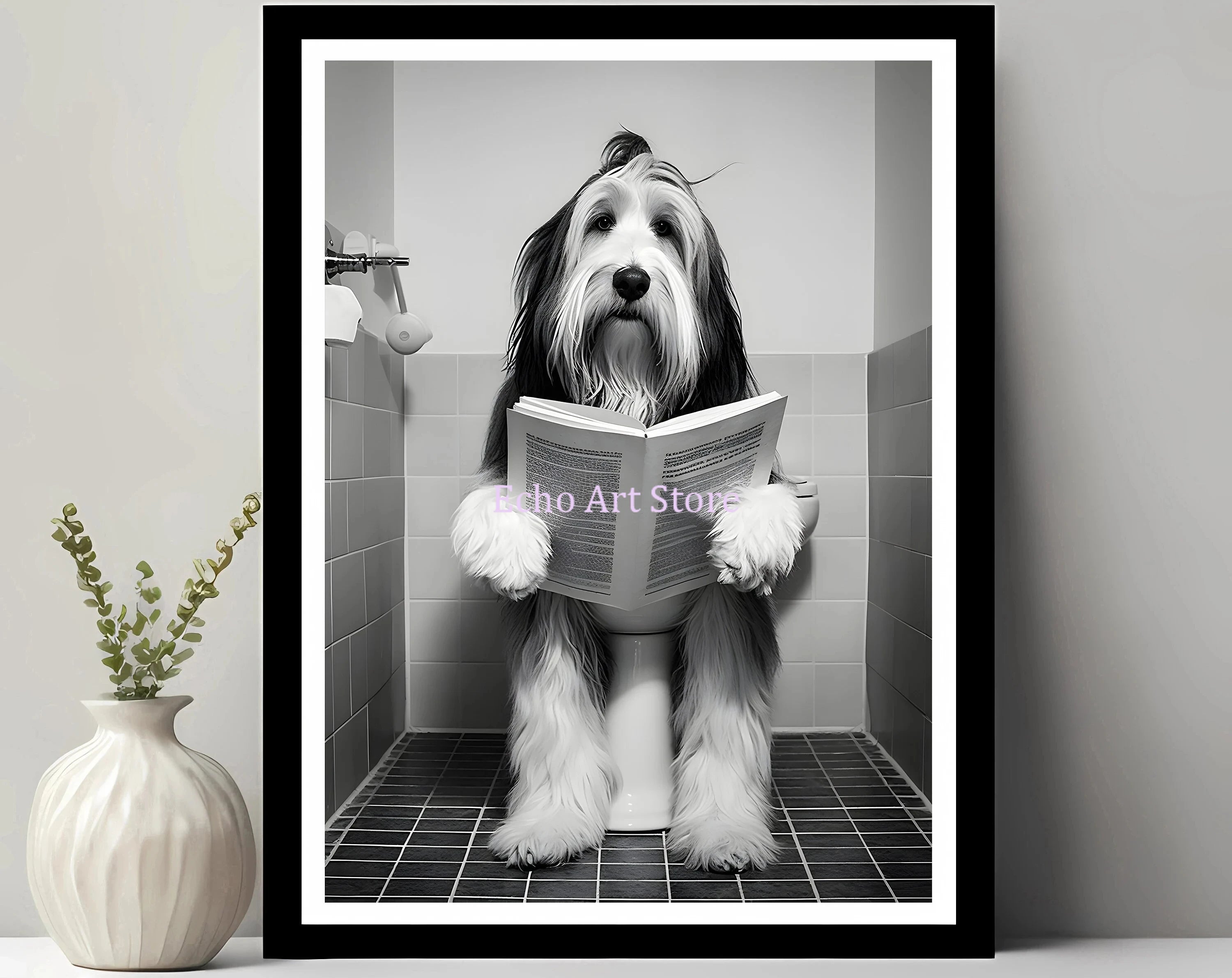 Funny Pet Dog in Toilet Reading Animal Black White Poster and Prints Canvas Printing Wall Art Picture for Bathroom Petshop Decor