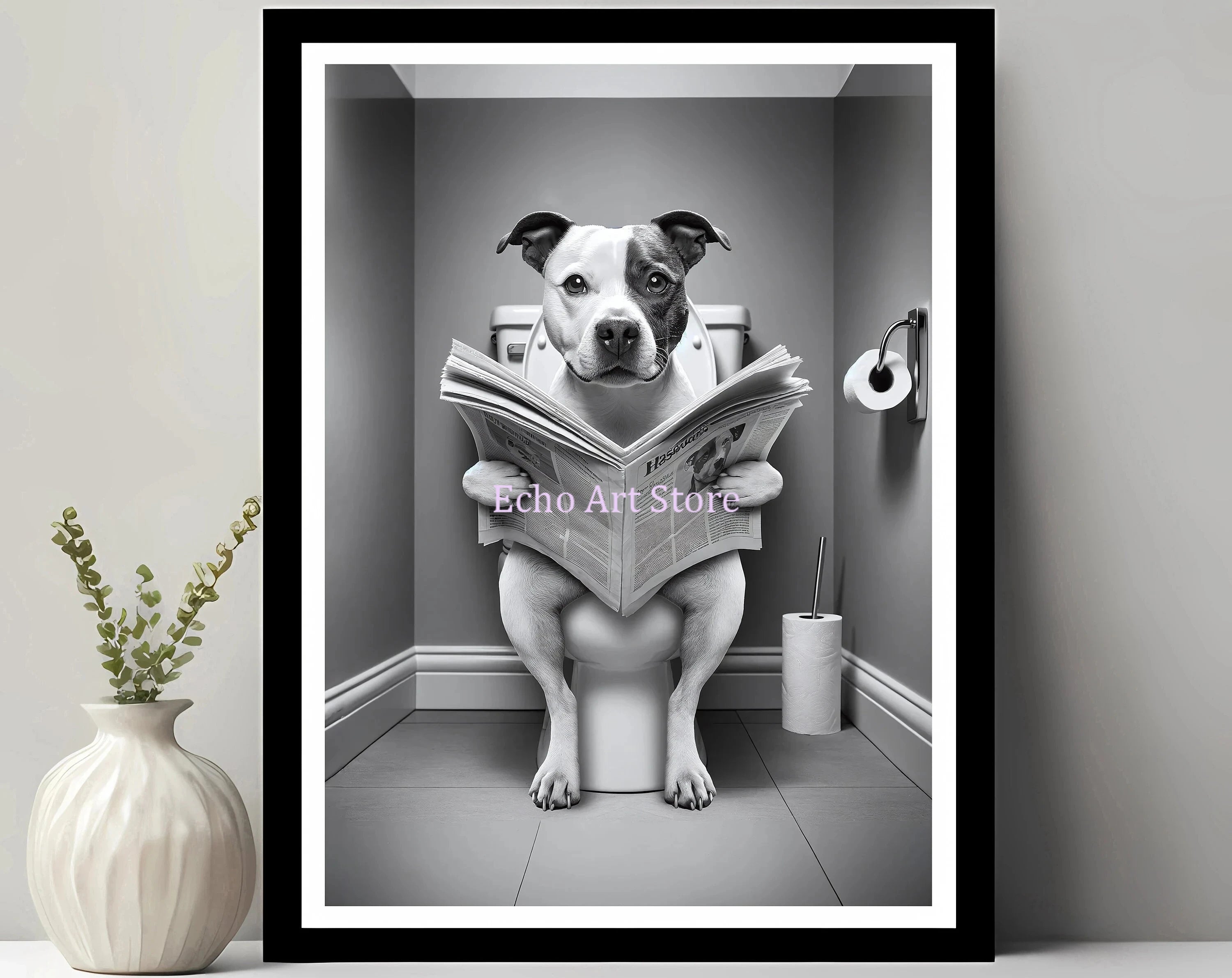 Funny Pet Dog in Toilet Reading Animal Black White Poster and Prints Canvas Printing Wall Art Picture for Bathroom Petshop Decor