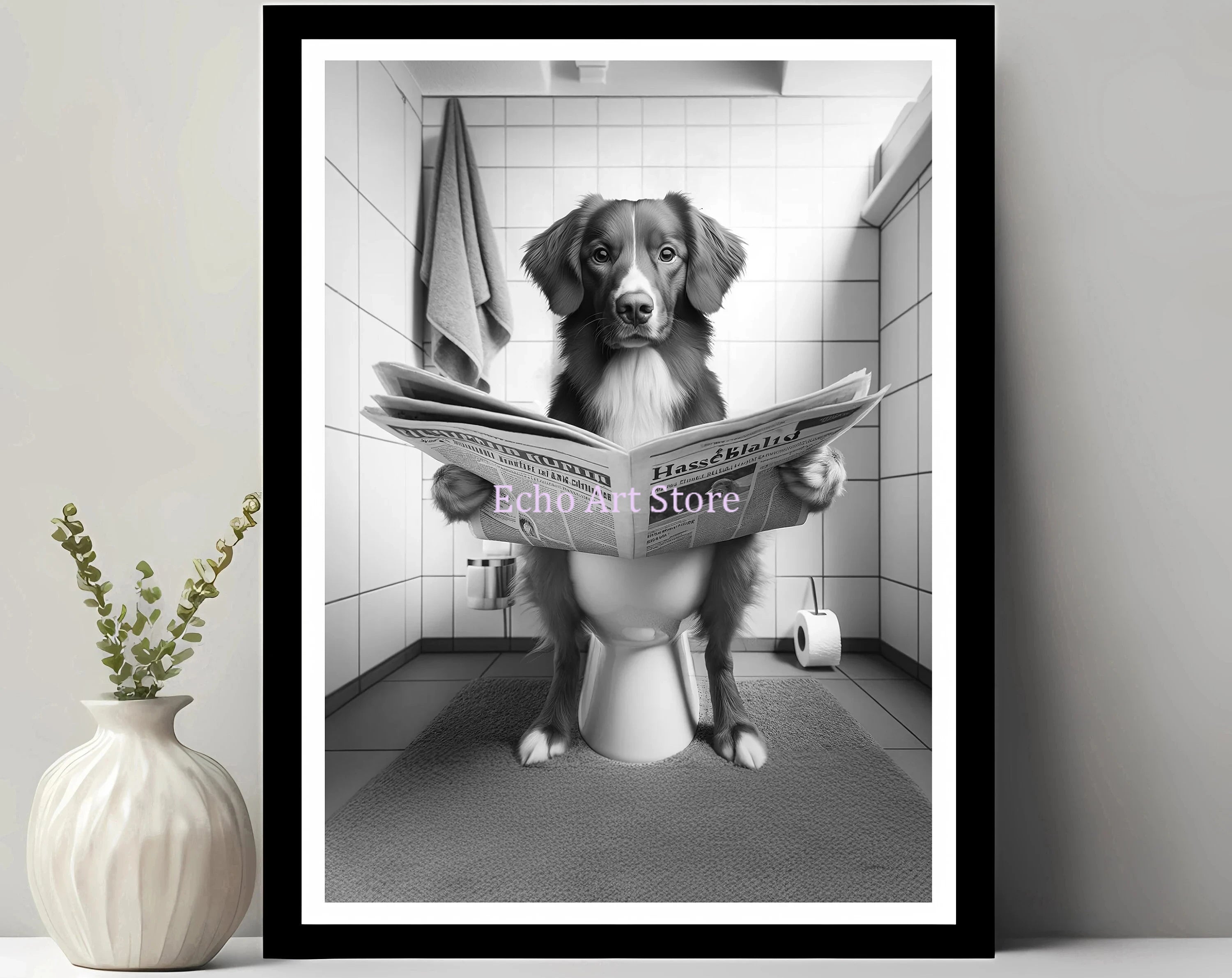 Funny Pet Dog in Toilet Reading Animal Black White Poster and Prints Canvas Printing Wall Art Picture for Bathroom Petshop Decor