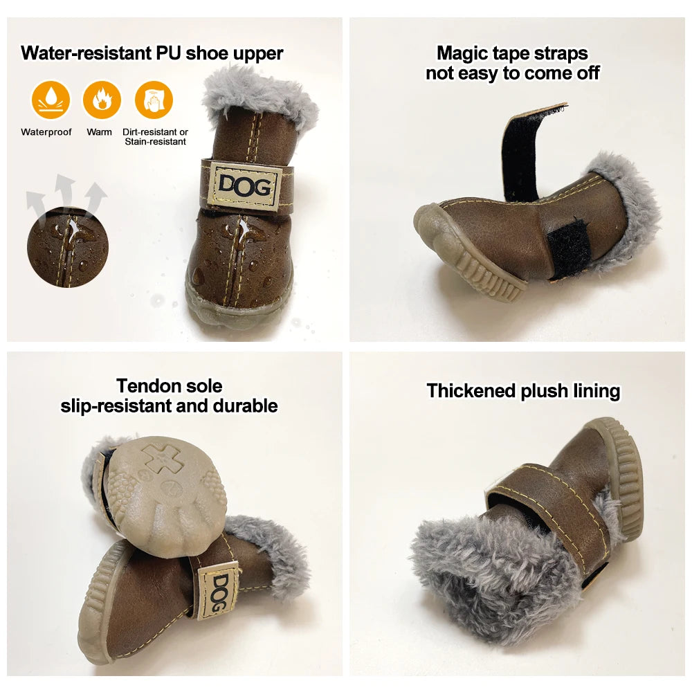 Classic Plush Linning  Small to Large Dog Shoes with Hook Loop Closure Bulldog Booties Plush Outdoor Non-Slip Pet Puppy Winter S