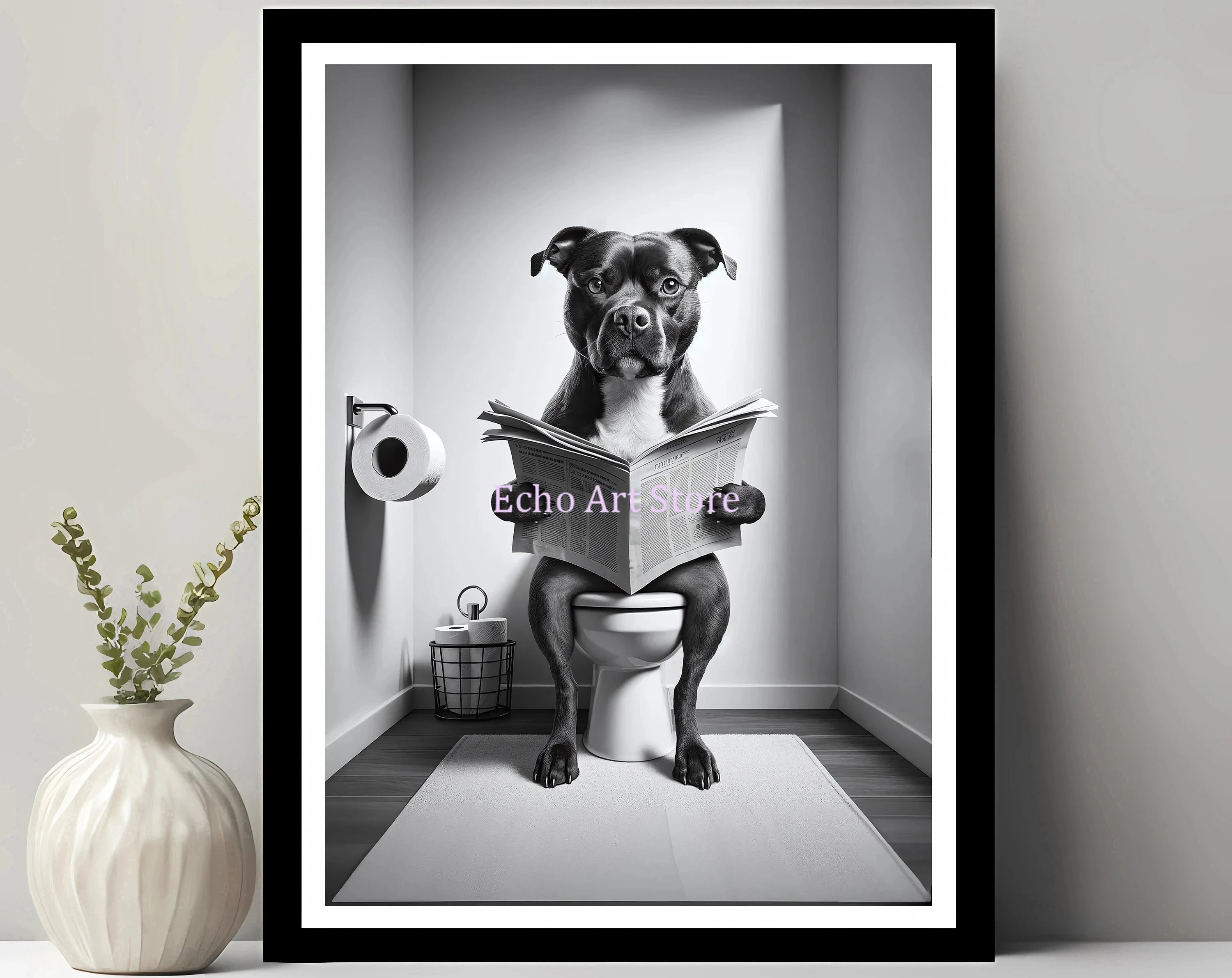 Funny Pet Dog in Toilet Reading Animal Black White Poster and Prints Canvas Printing Wall Art Picture for Bathroom Petshop Decor