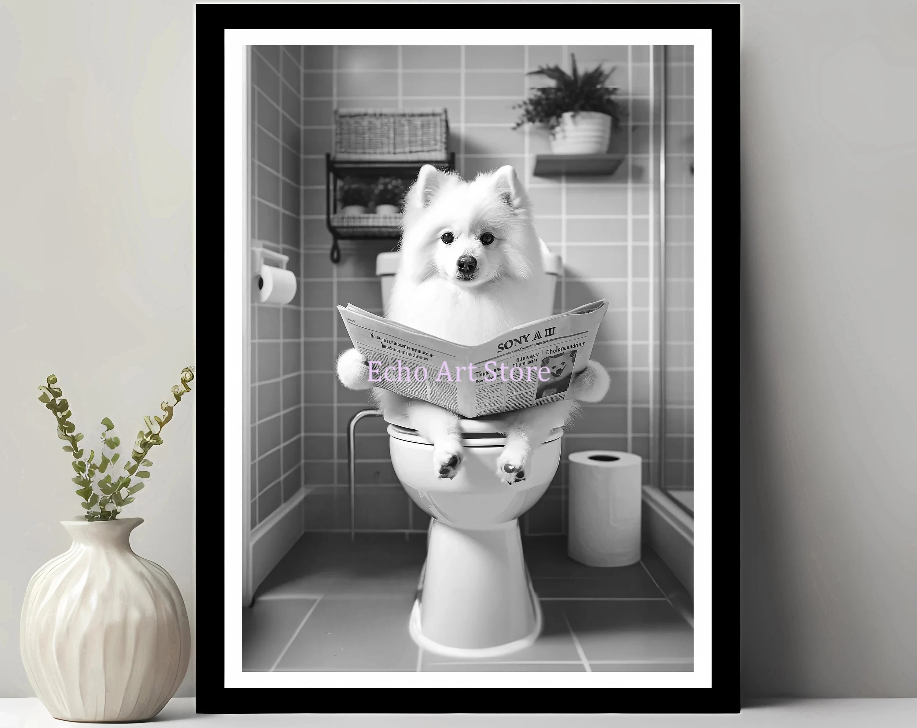 Funny Pet Dog in Toilet Reading Animal Black White Poster and Prints Canvas Printing Wall Art Picture for Bathroom Petshop Decor