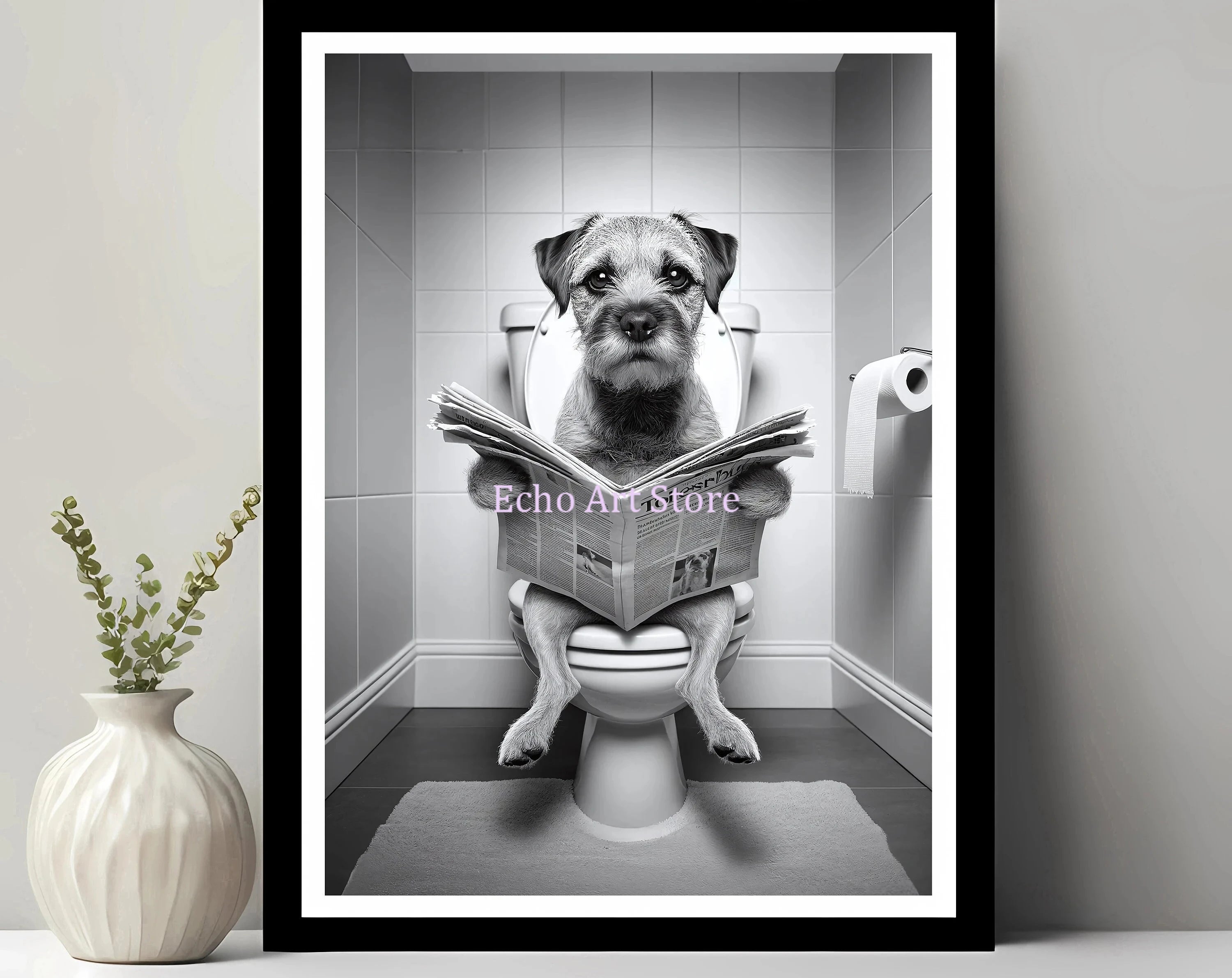 Funny Pet Dog in Toilet Reading Animal Black White Poster and Prints Canvas Printing Wall Art Picture for Bathroom Petshop Decor