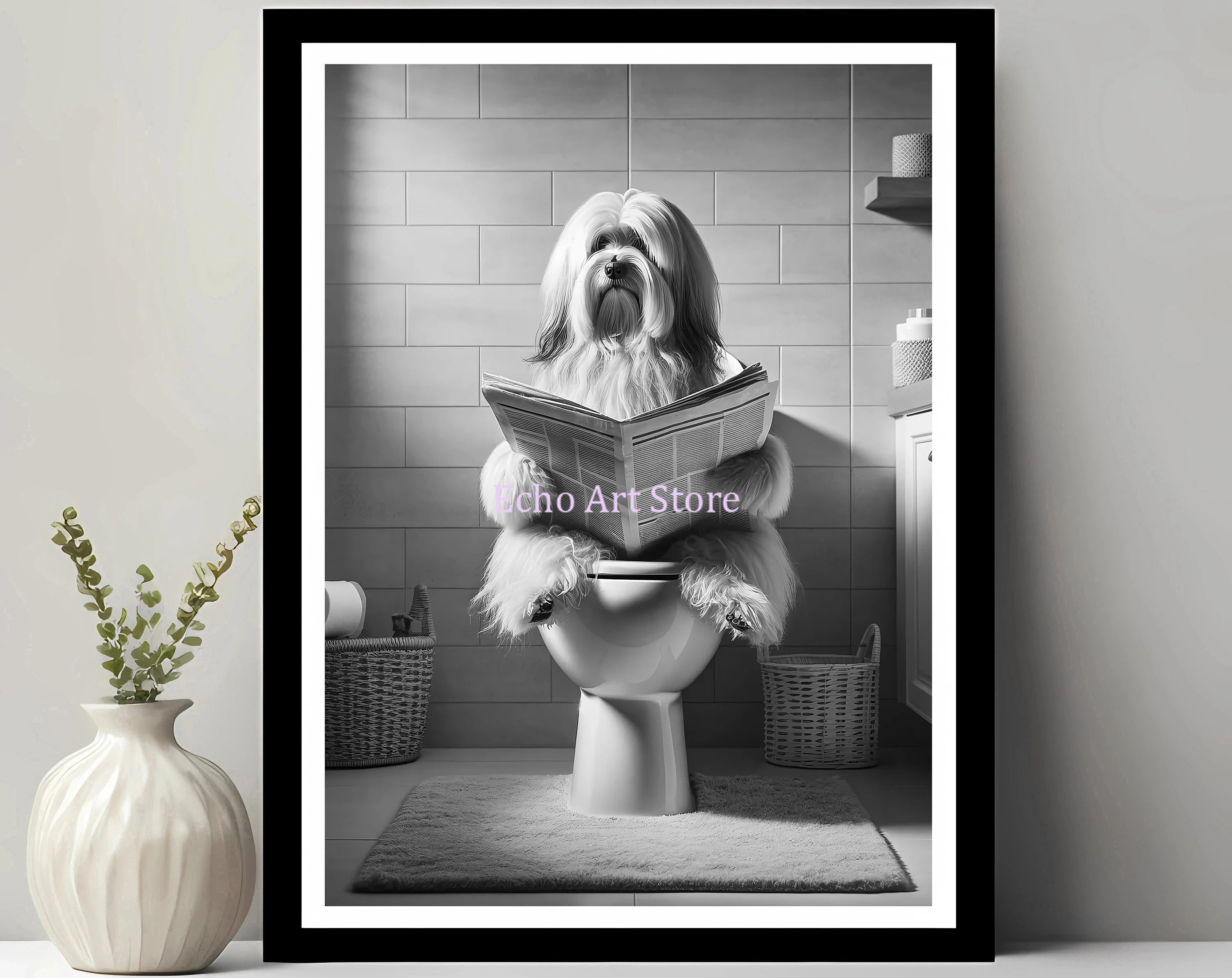Funny Pet Dog in Toilet Reading Animal Black White Poster and Prints Canvas Printing Wall Art Picture for Bathroom Petshop Decor