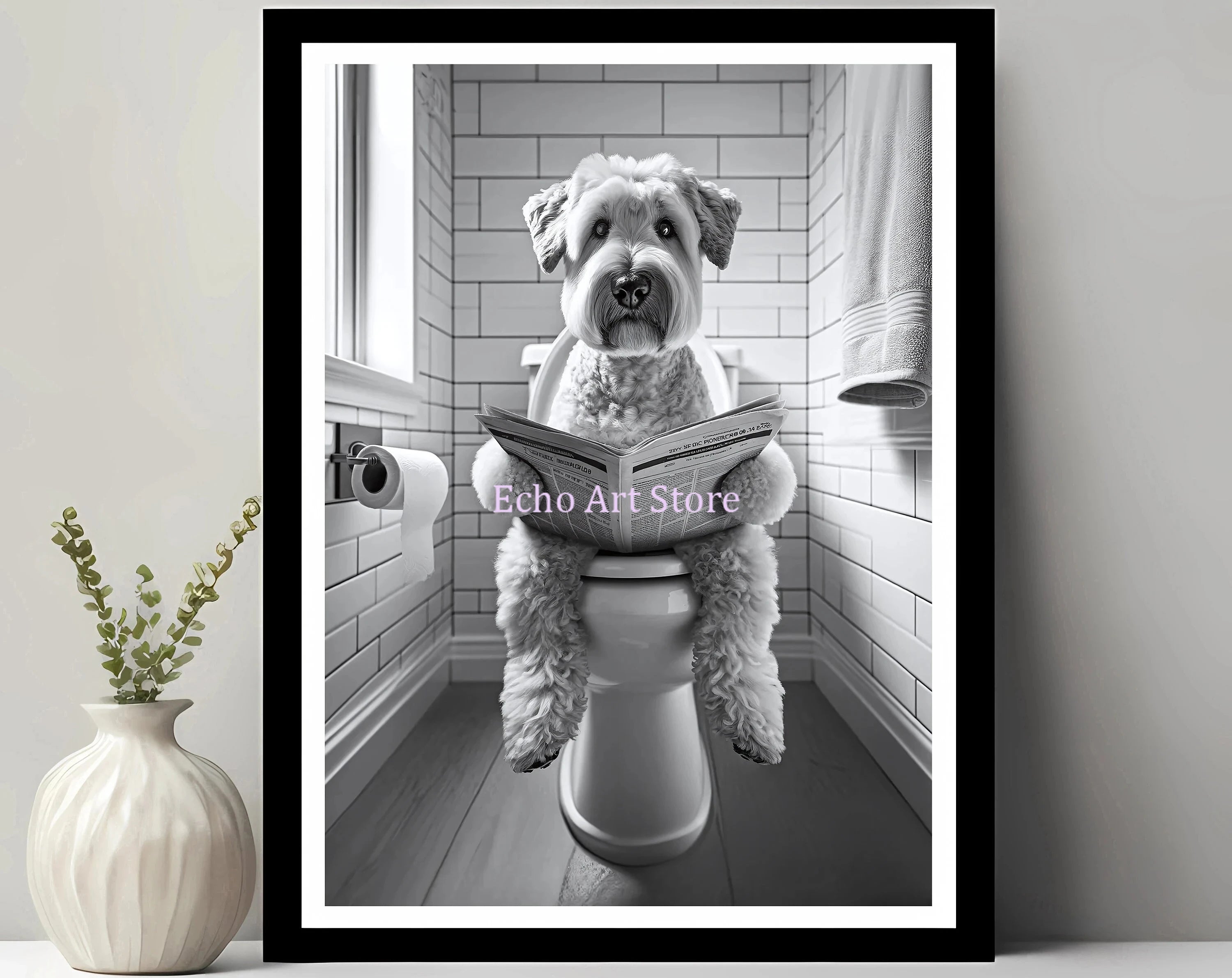 Funny Pet Dog in Toilet Reading Animal Black White Poster and Prints Canvas Printing Wall Art Picture for Bathroom Petshop Decor