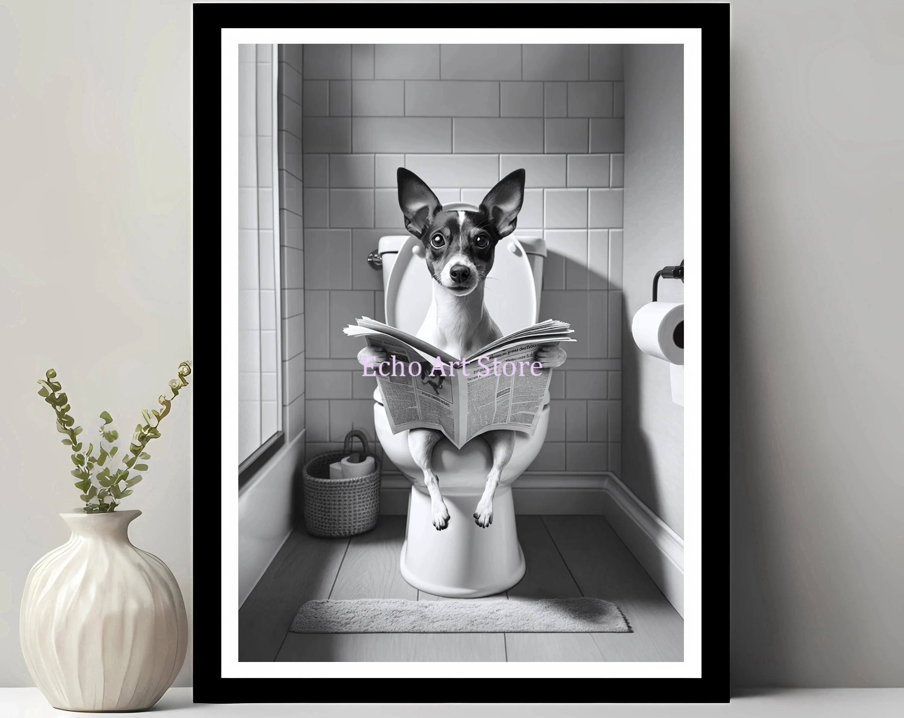 Funny Pet Dog in Toilet Reading Animal Black White Poster and Prints Canvas Printing Wall Art Picture for Bathroom Petshop Decor