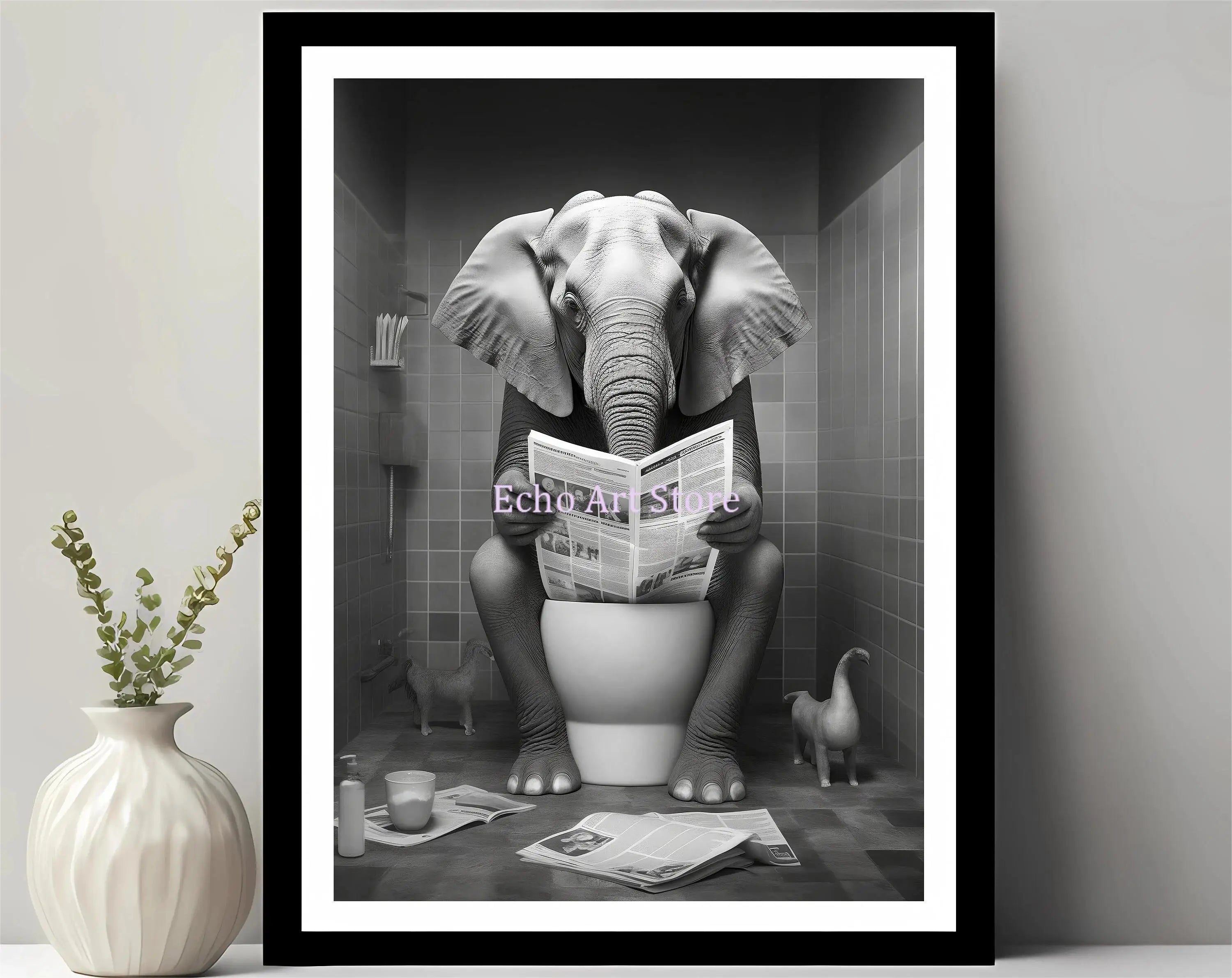 Funny Pet Dog in Toilet Reading Animal Black White Poster and Prints Canvas Printing Wall Art Picture for Bathroom Petshop Decor